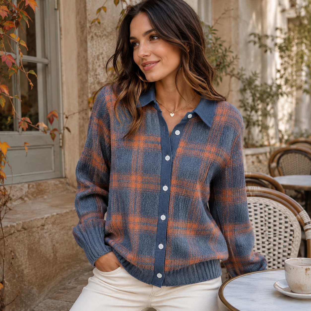 Women’s Checked Collared Knit Cardigan