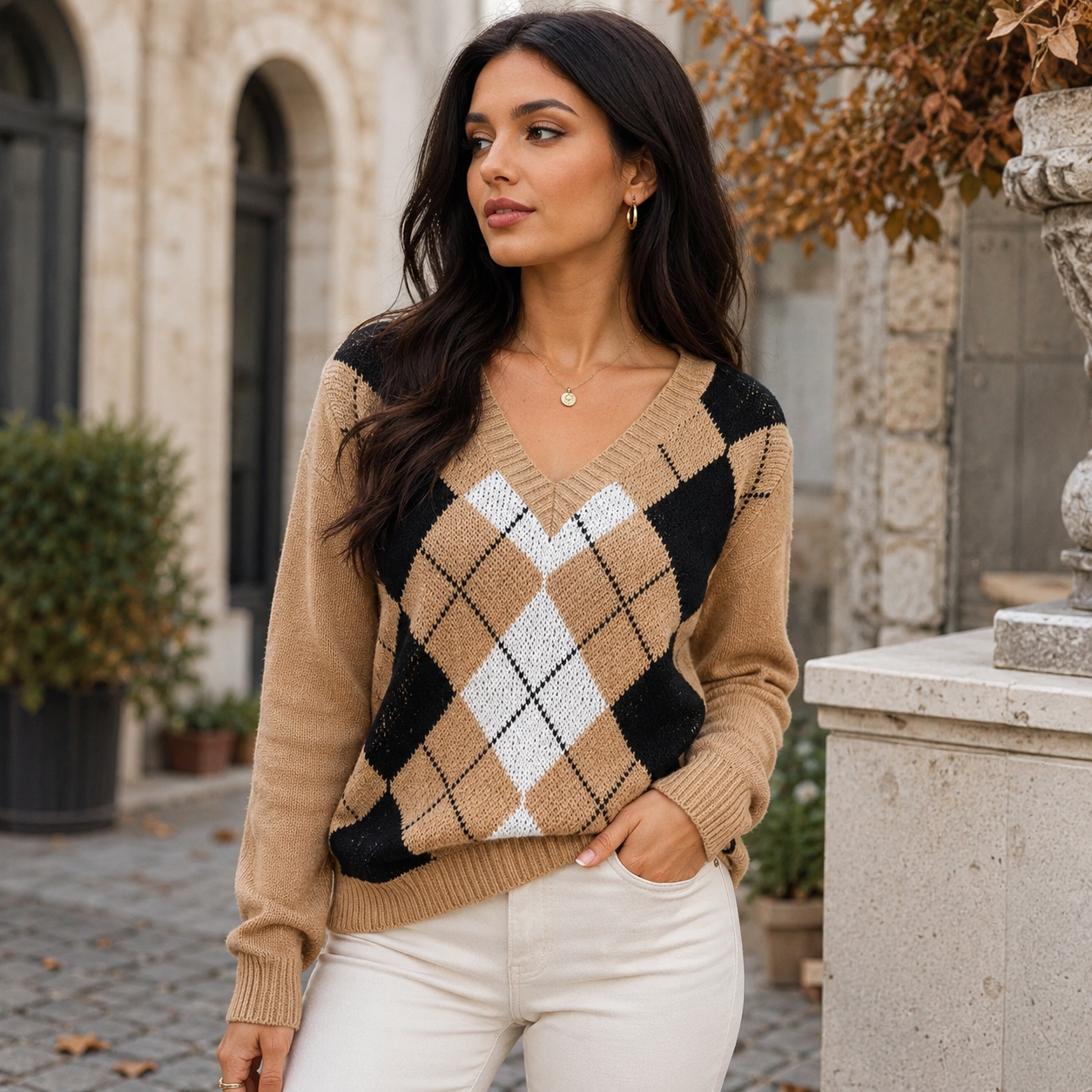 Womens Patterned Argyle Knit Jumper