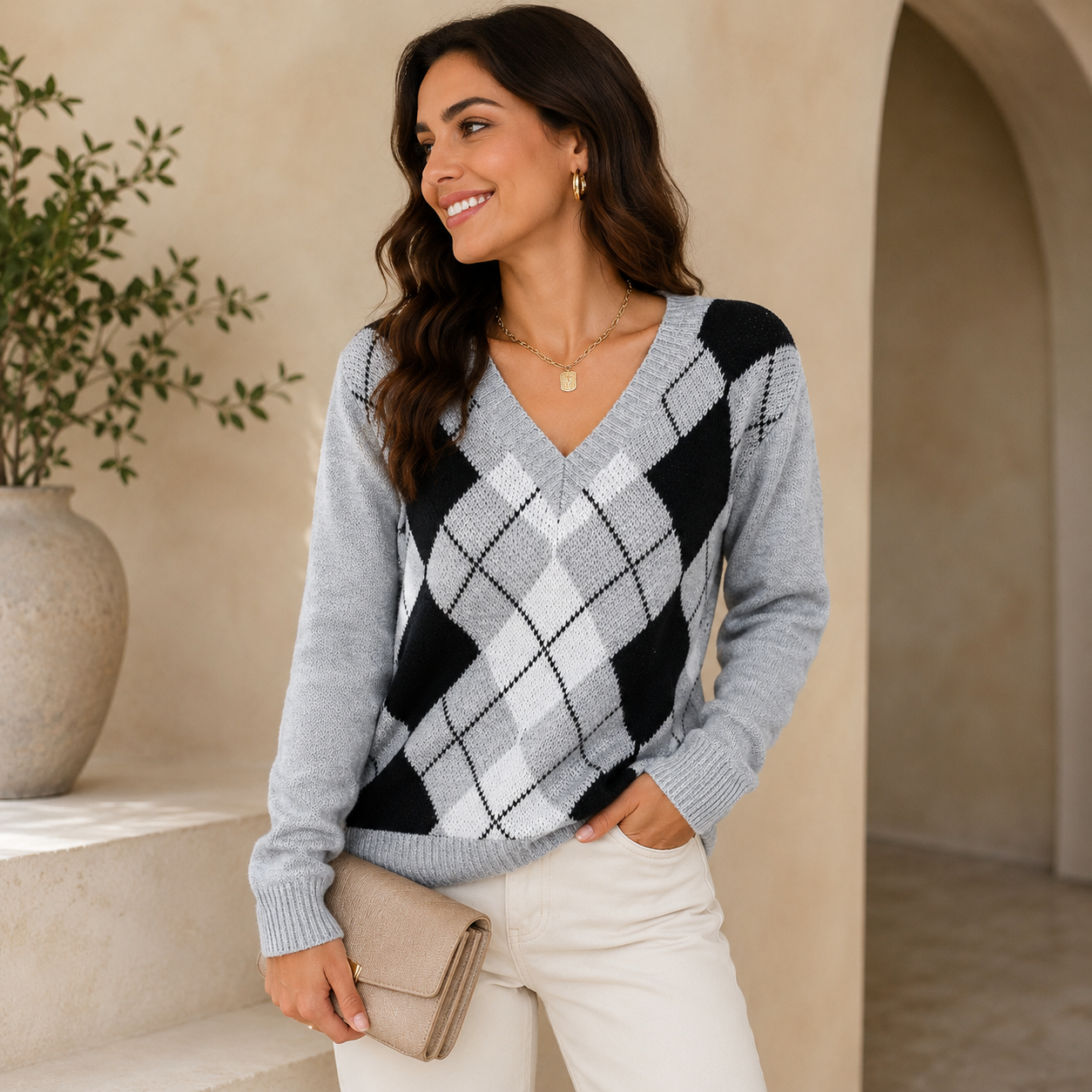 Womens Patterned Argyle Knit Jumper