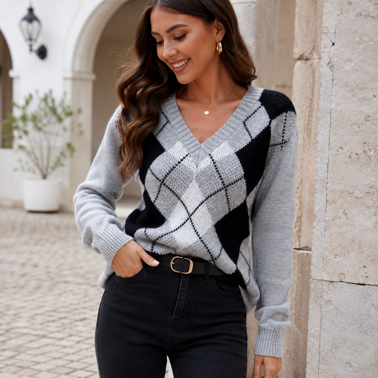 Womens Patterned Argyle Knit Jumper
