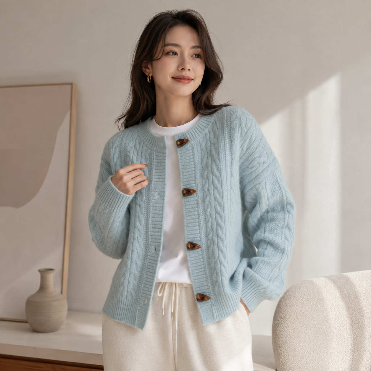 Women’s Cable Knit Horn Button Cardigan