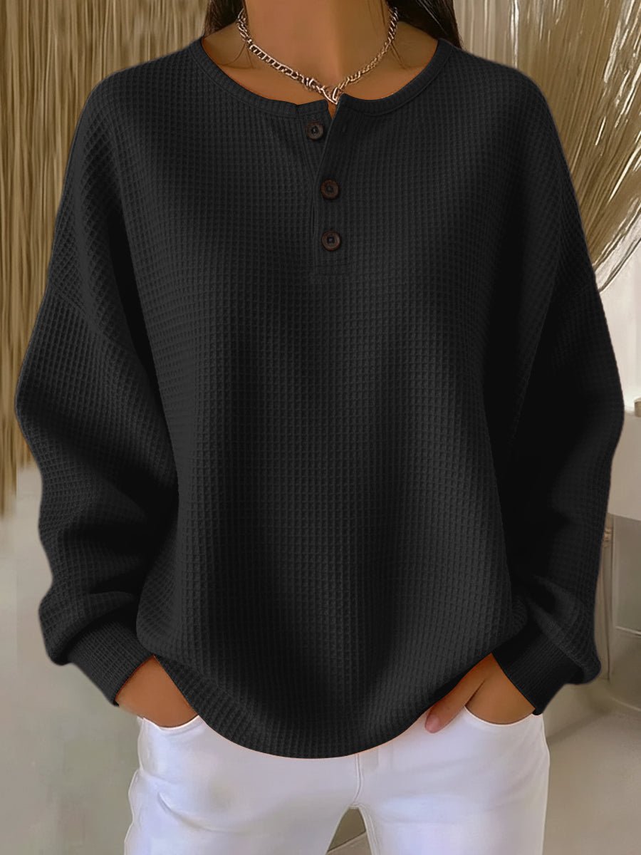 Women's Waffle Knit Sweatshirt with Button Neck