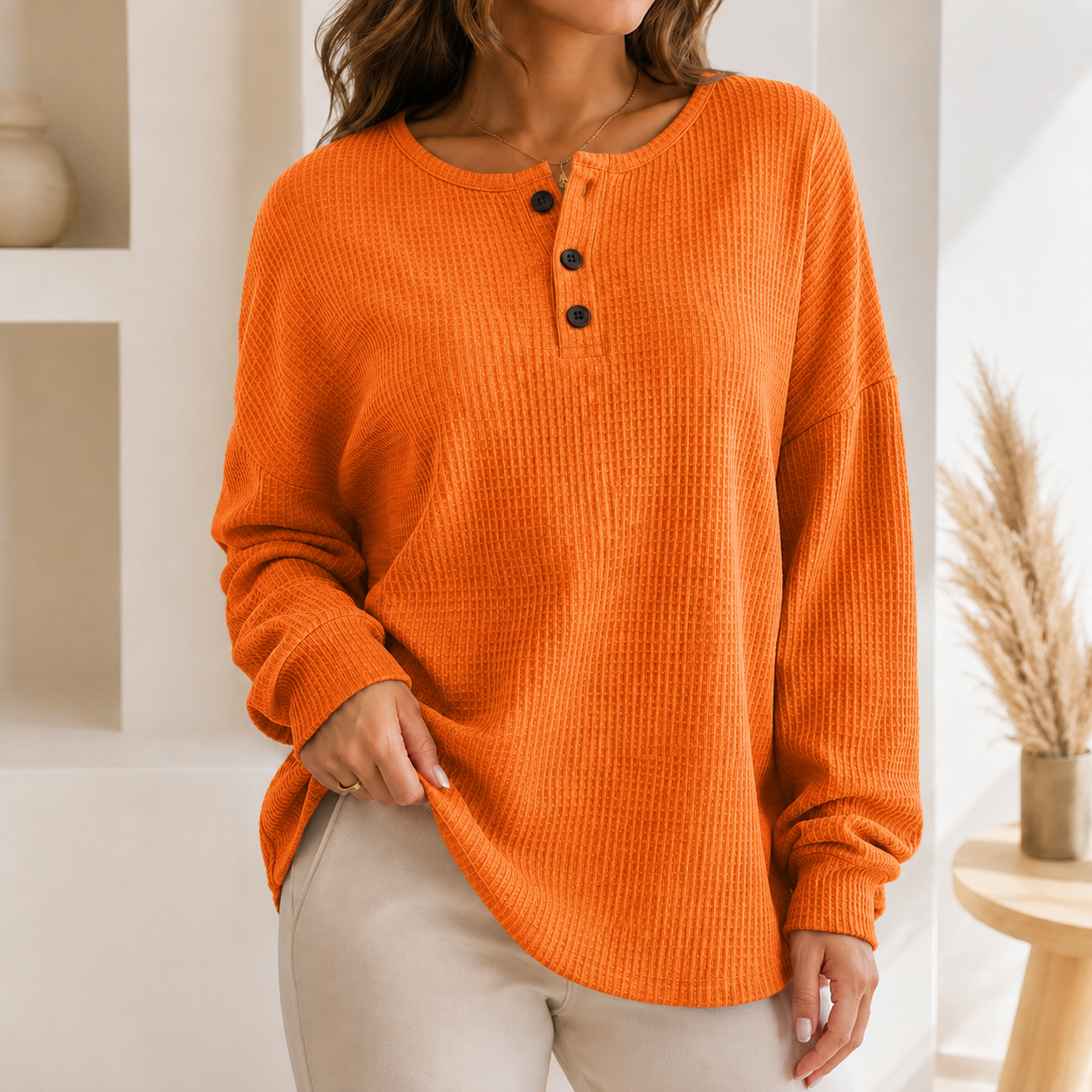 Women's Waffle Knit Sweatshirt with Button Neck