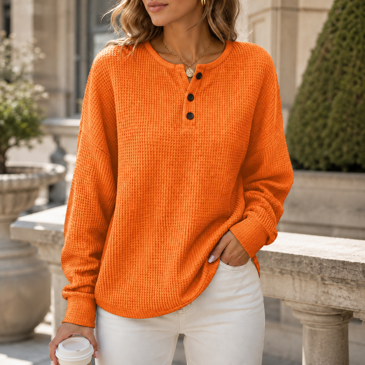 Women's Waffle Knit Sweatshirt with Button Neck