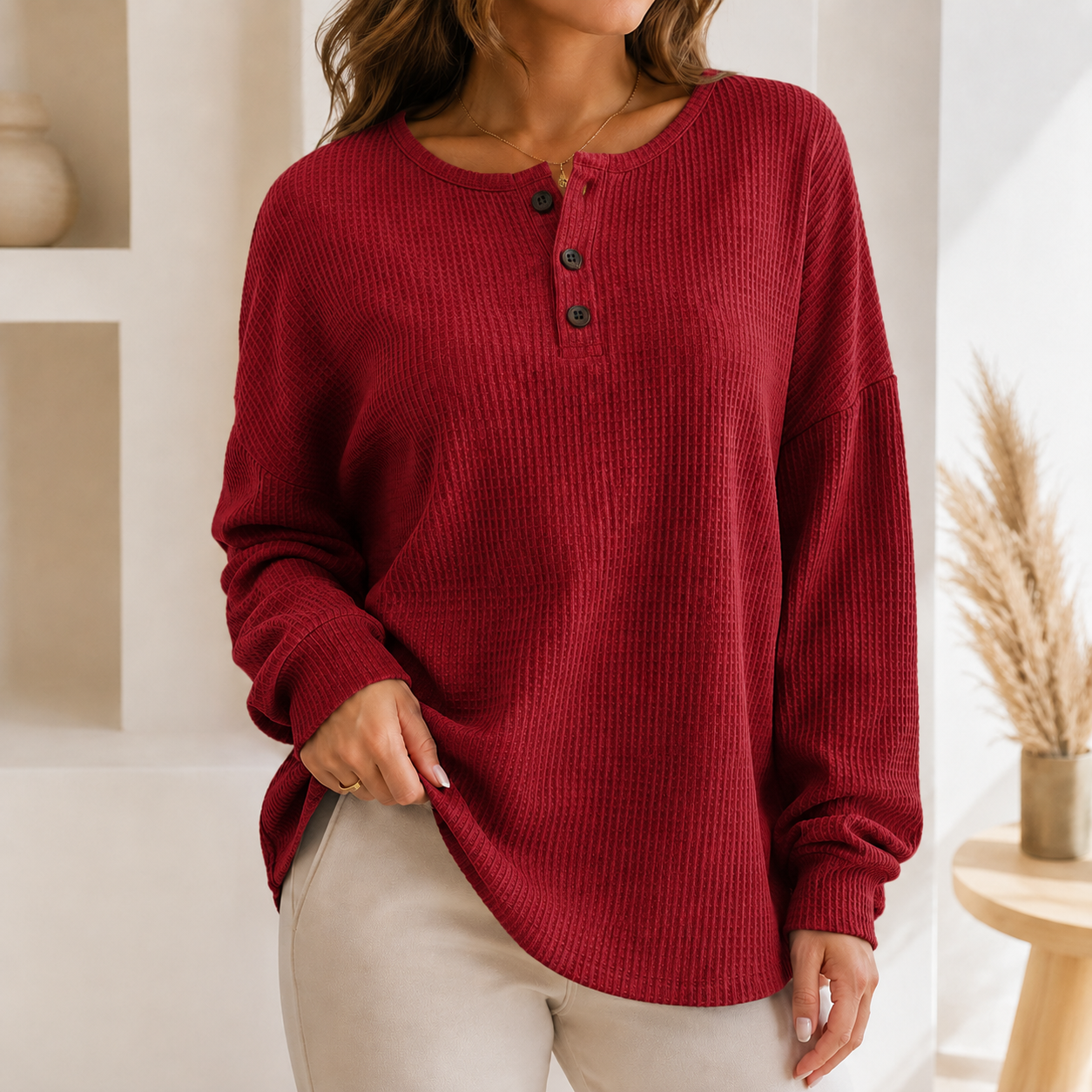 Women's Waffle Knit Sweatshirt with Button Neck