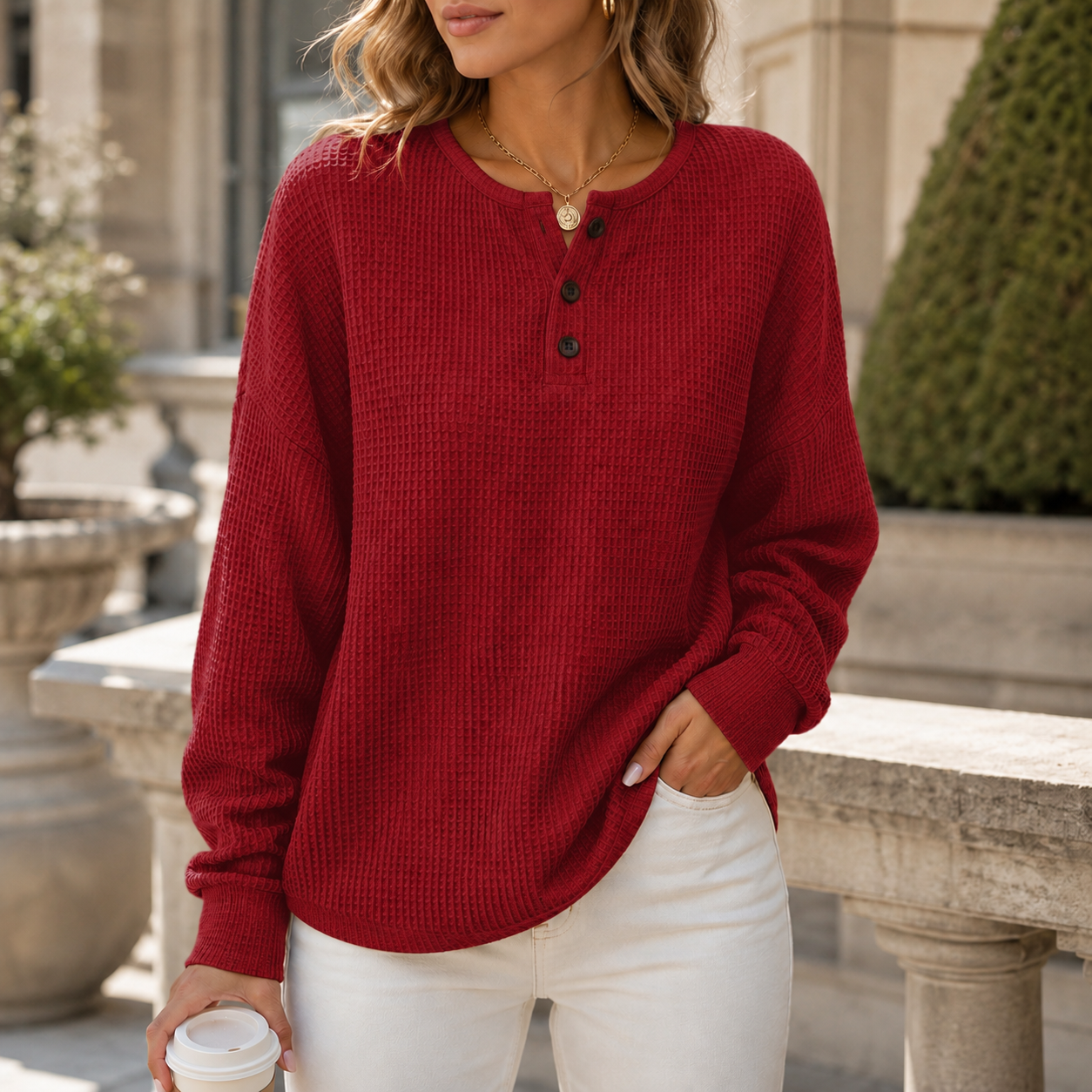 Women's Waffle Knit Sweatshirt with Button Neck
