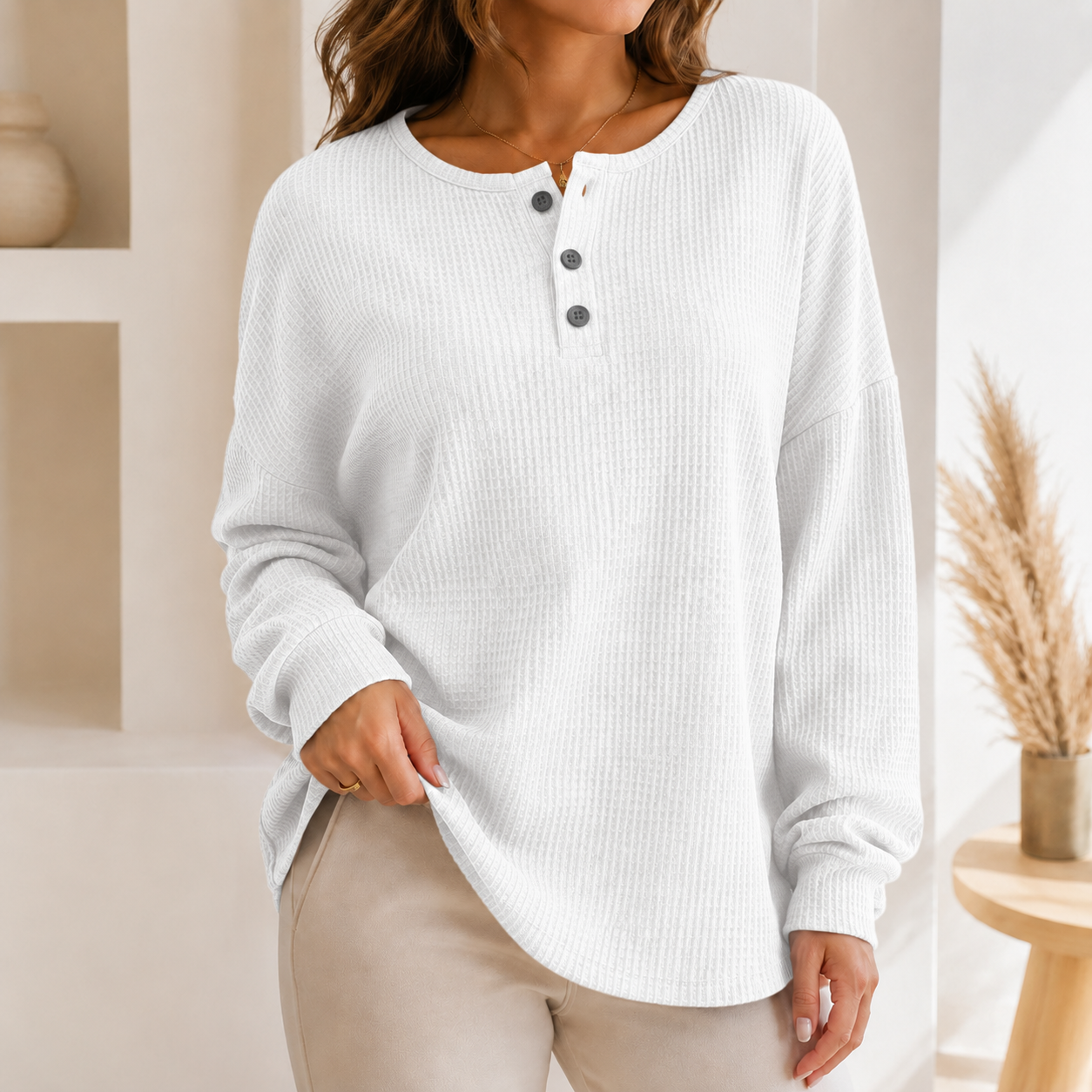 Women's Waffle Knit Sweatshirt with Button Neck