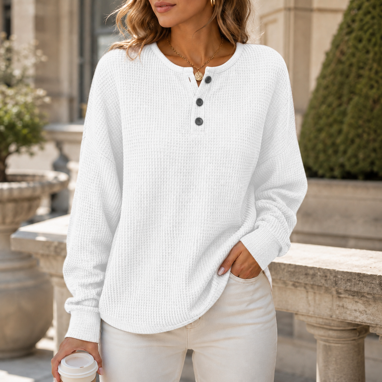 Women's Waffle Knit Sweatshirt with Button Neck