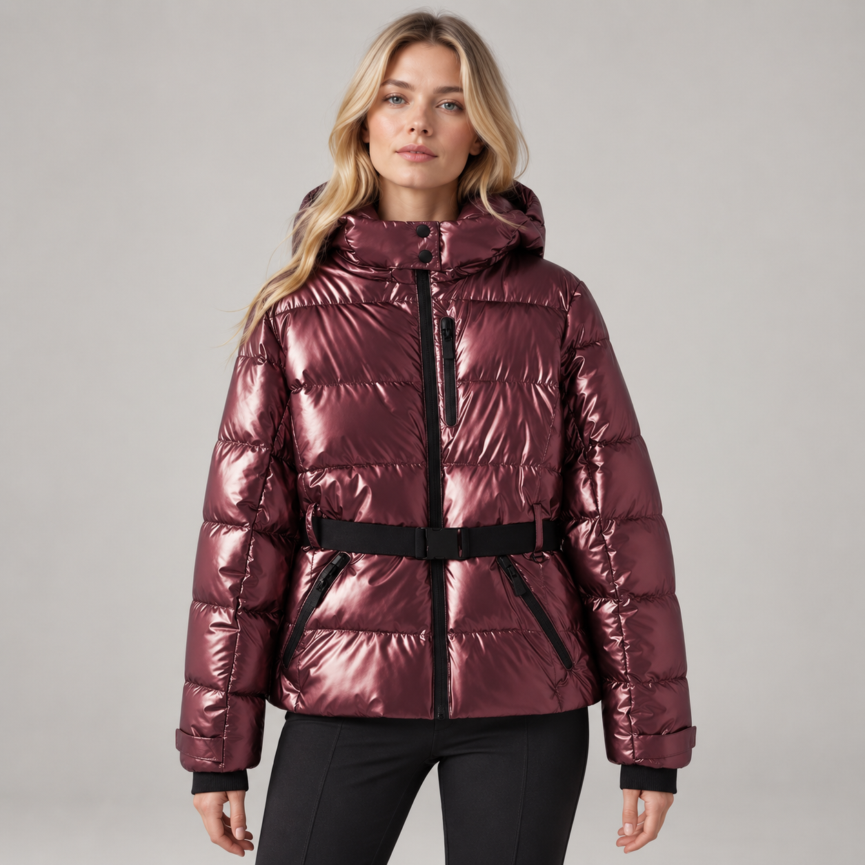 Women’s Belted Puffer Ski Jacket with Hood