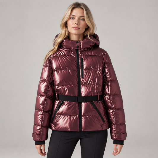 Women’s Belted Puffer Ski Jacket with Hood