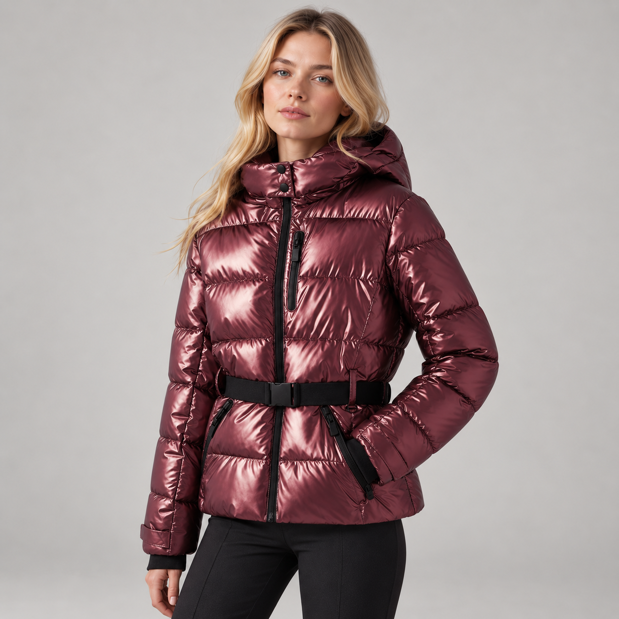 Women’s Belted Puffer Ski Jacket with Hood