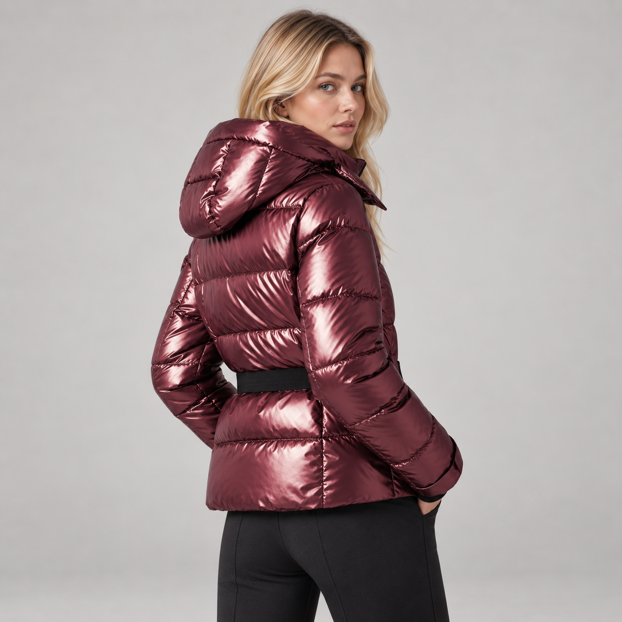 Women’s Belted Puffer Ski Jacket with Hood