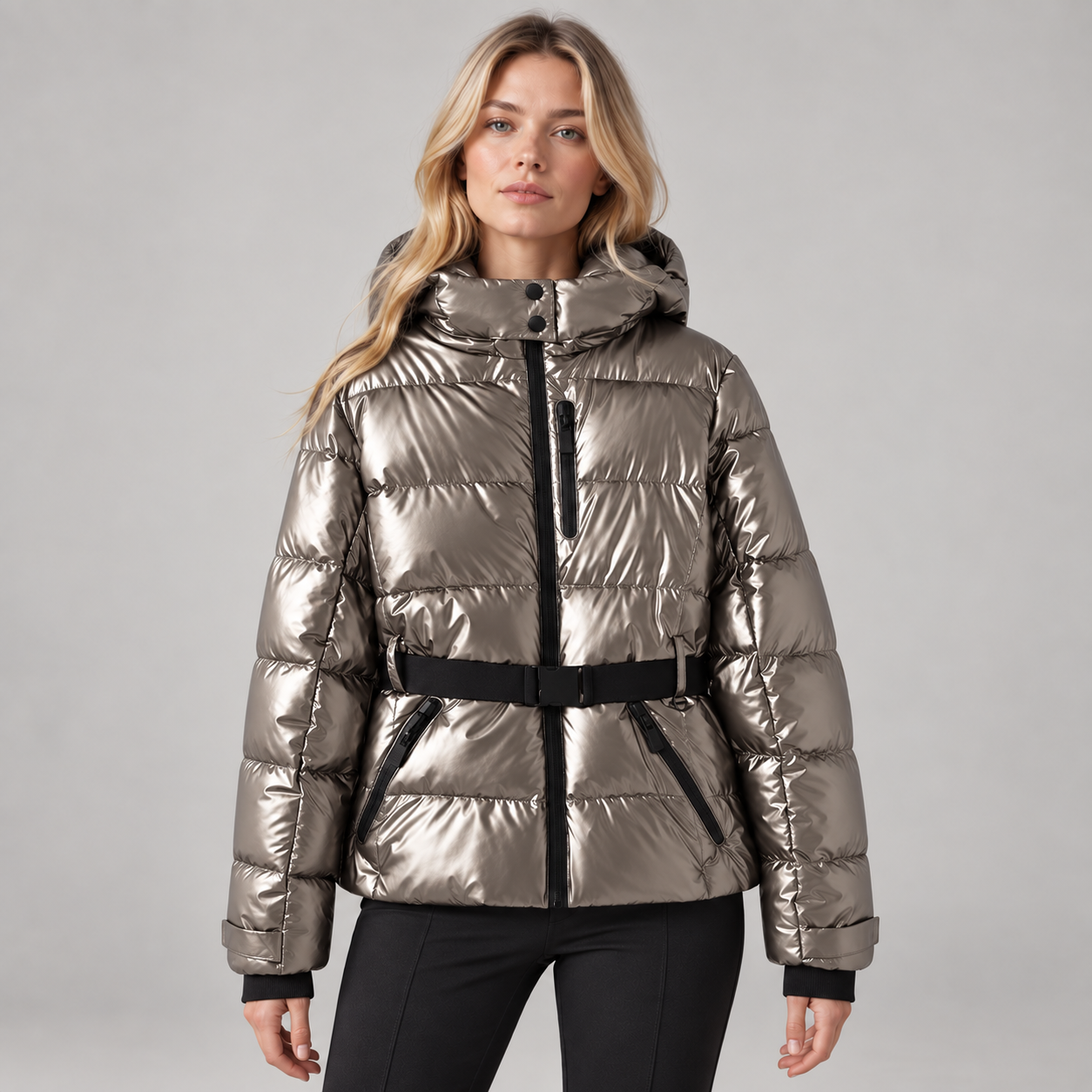 Women’s Belted Puffer Ski Jacket with Hood
