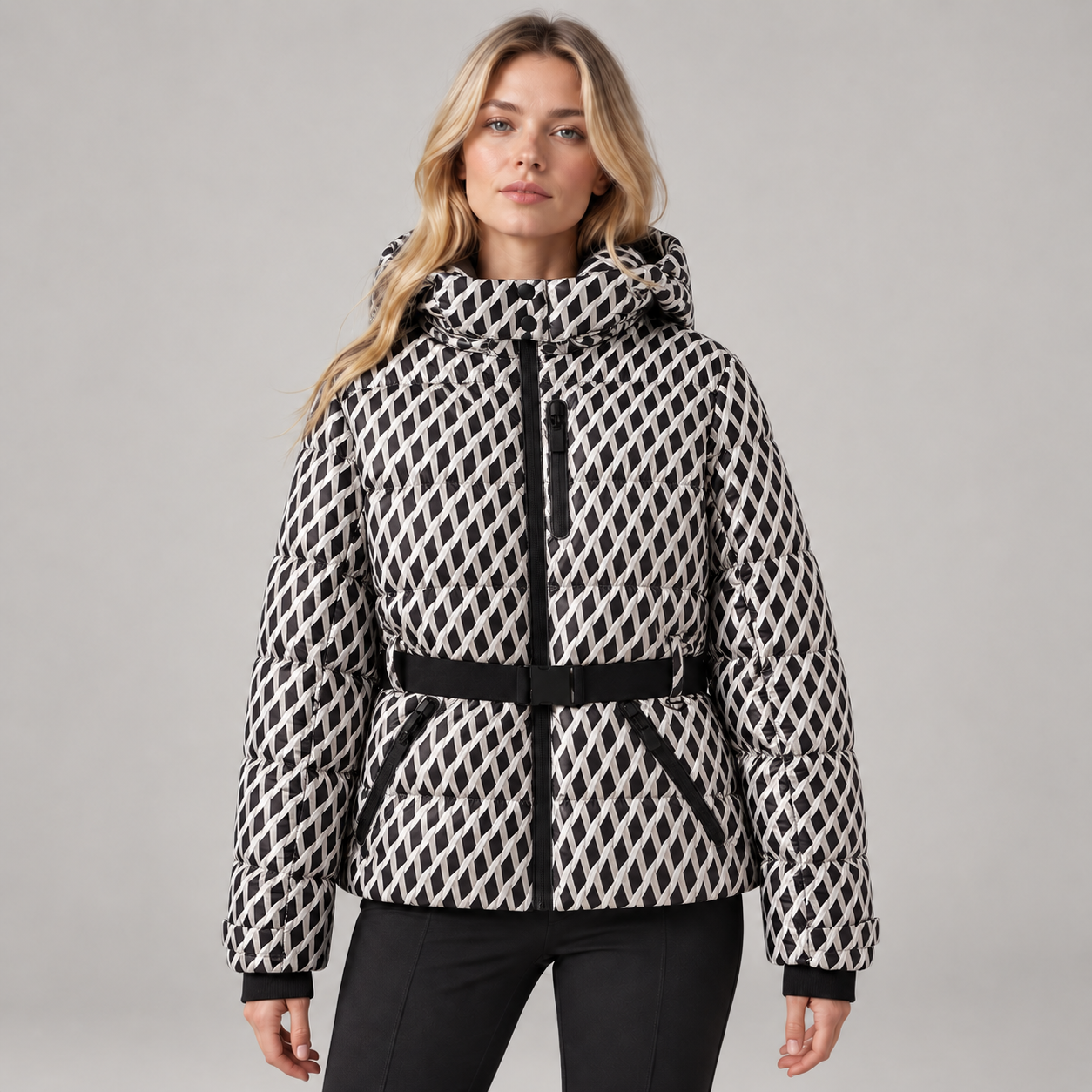Women’s Belted Puffer Ski Jacket with Hood