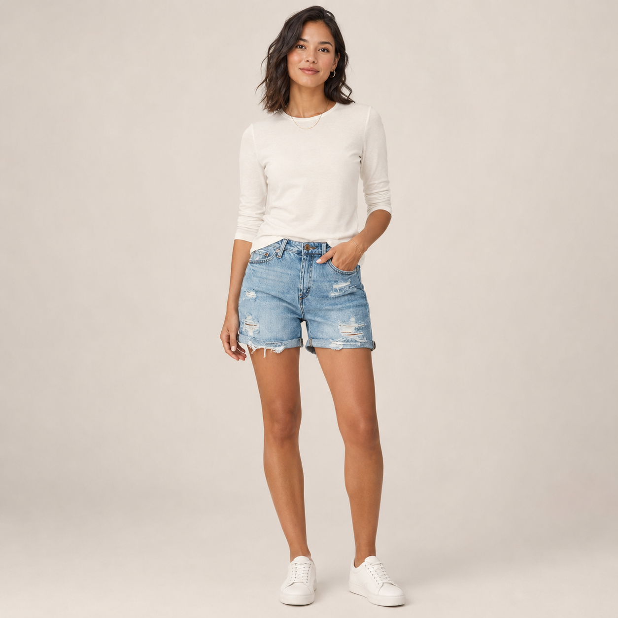 Women’s Distressed Denim Shorts with Frayed Hem