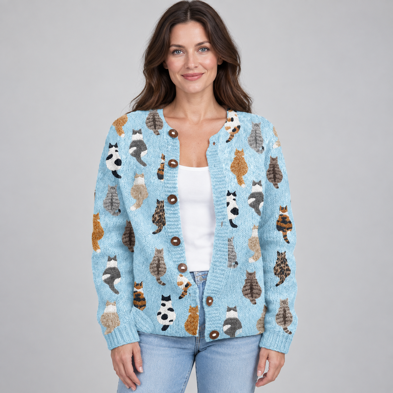 Women's Knitted Cat Print Cardigan