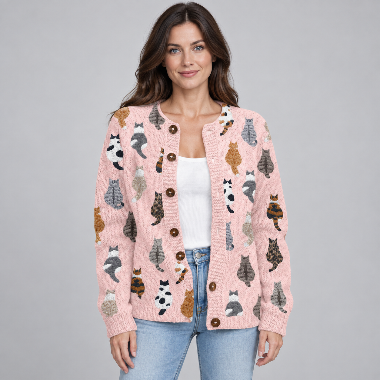 Women's Knitted Cat Print Cardigan