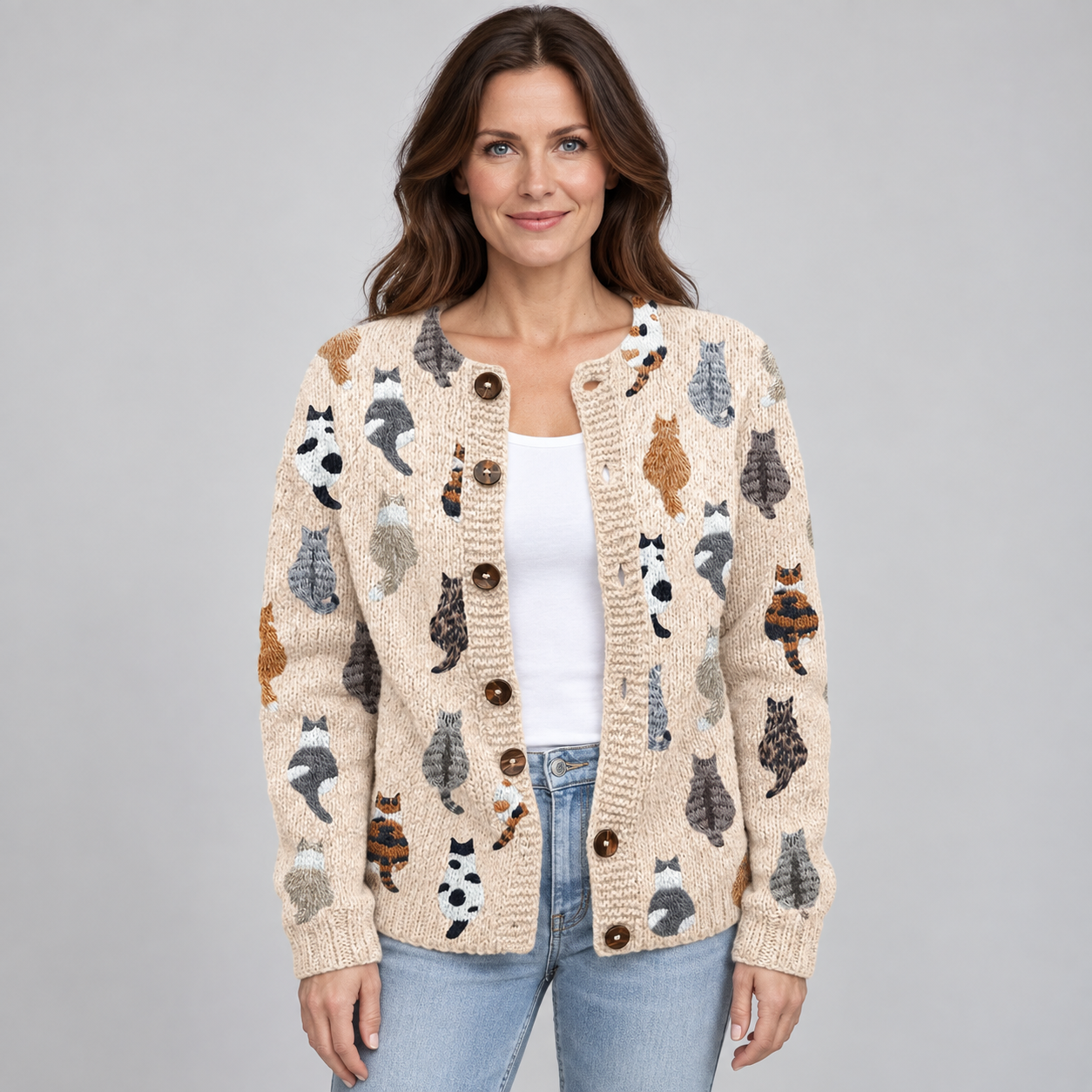Women's Knitted Cat Print Cardigan