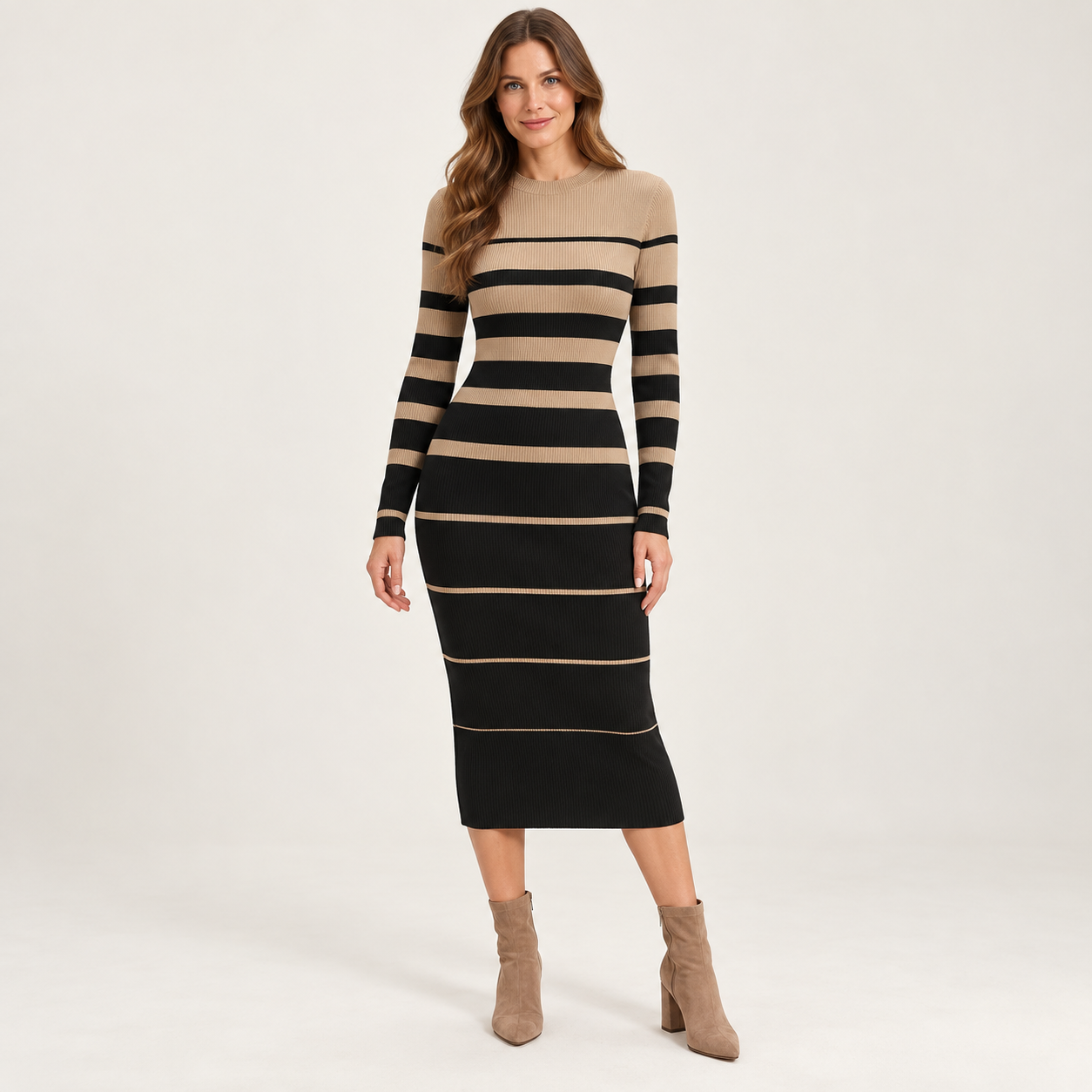 Women’s Long Sleeve Striped Knit Midi Dress