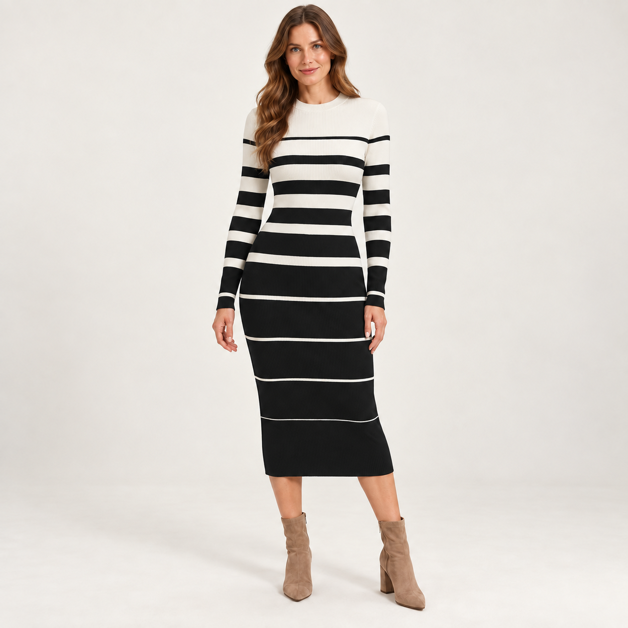 Women’s Long Sleeve Striped Knit Midi Dress