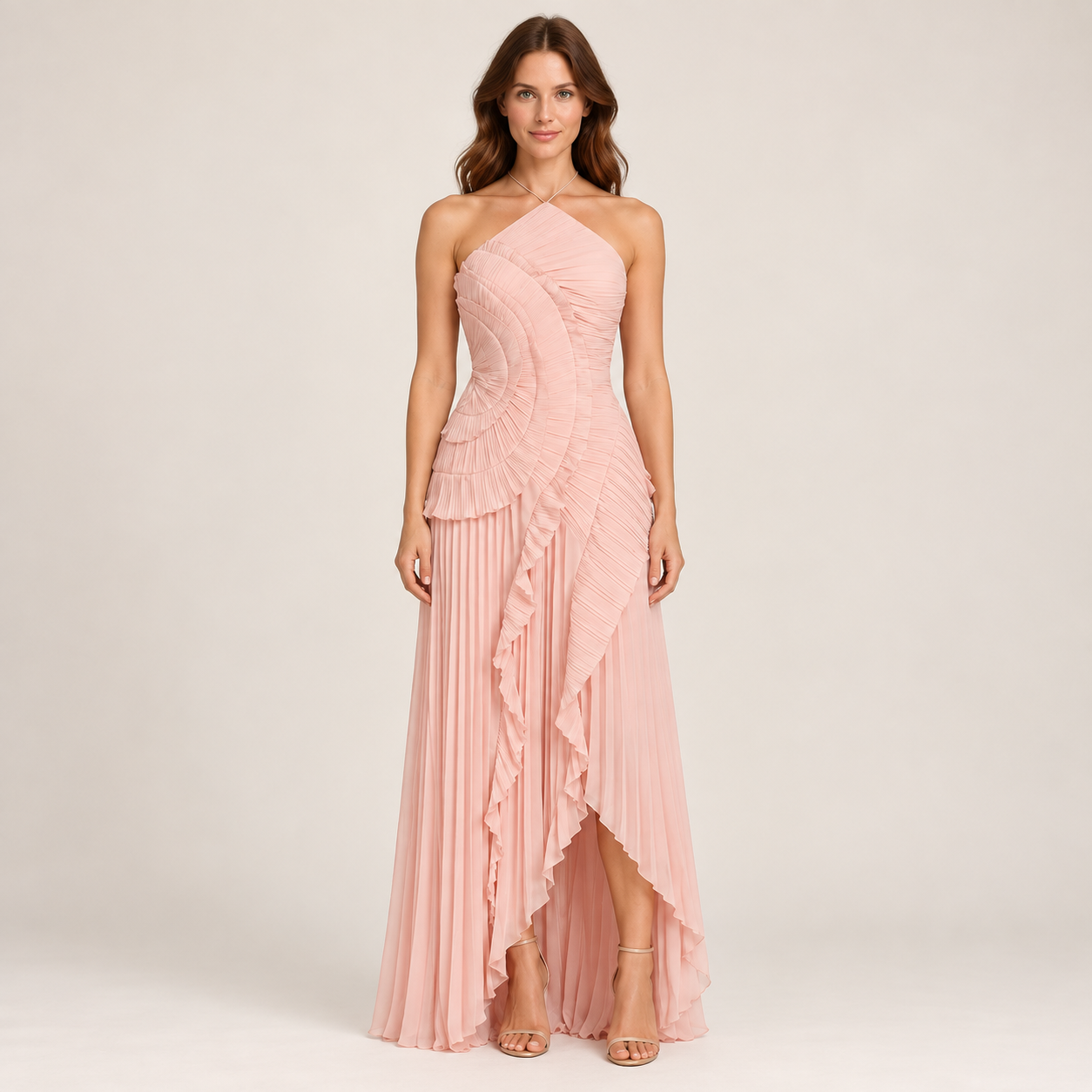 Women’s Pleated Halter Neck Maxi Dress for Weddings Guests