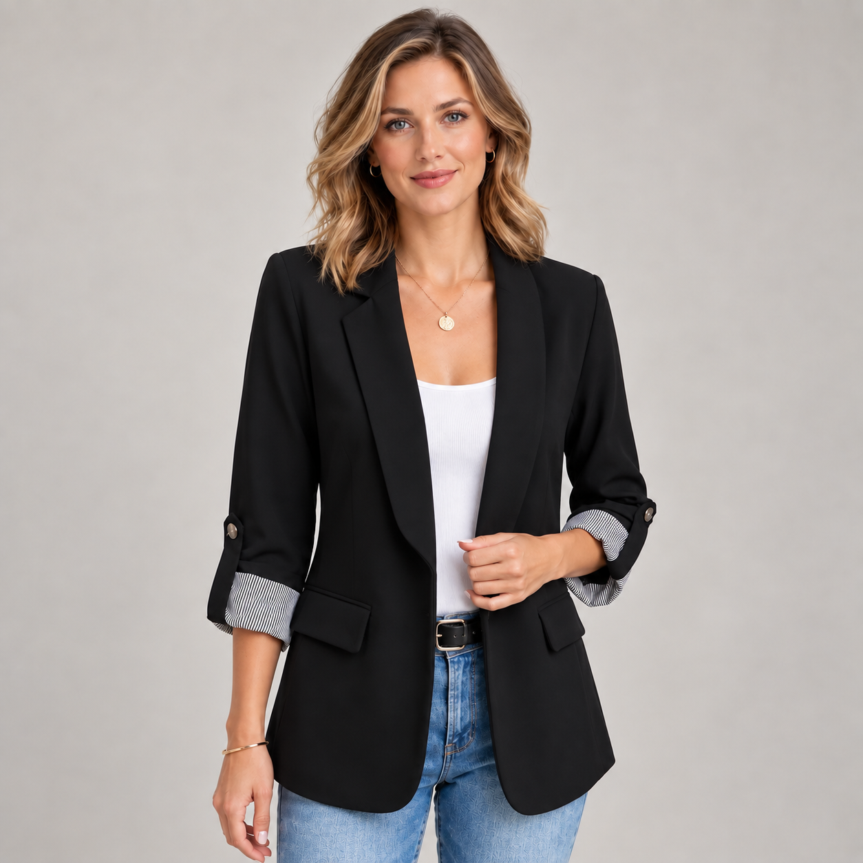 Women's Refined Open Front Ruched Sleeve Blazer