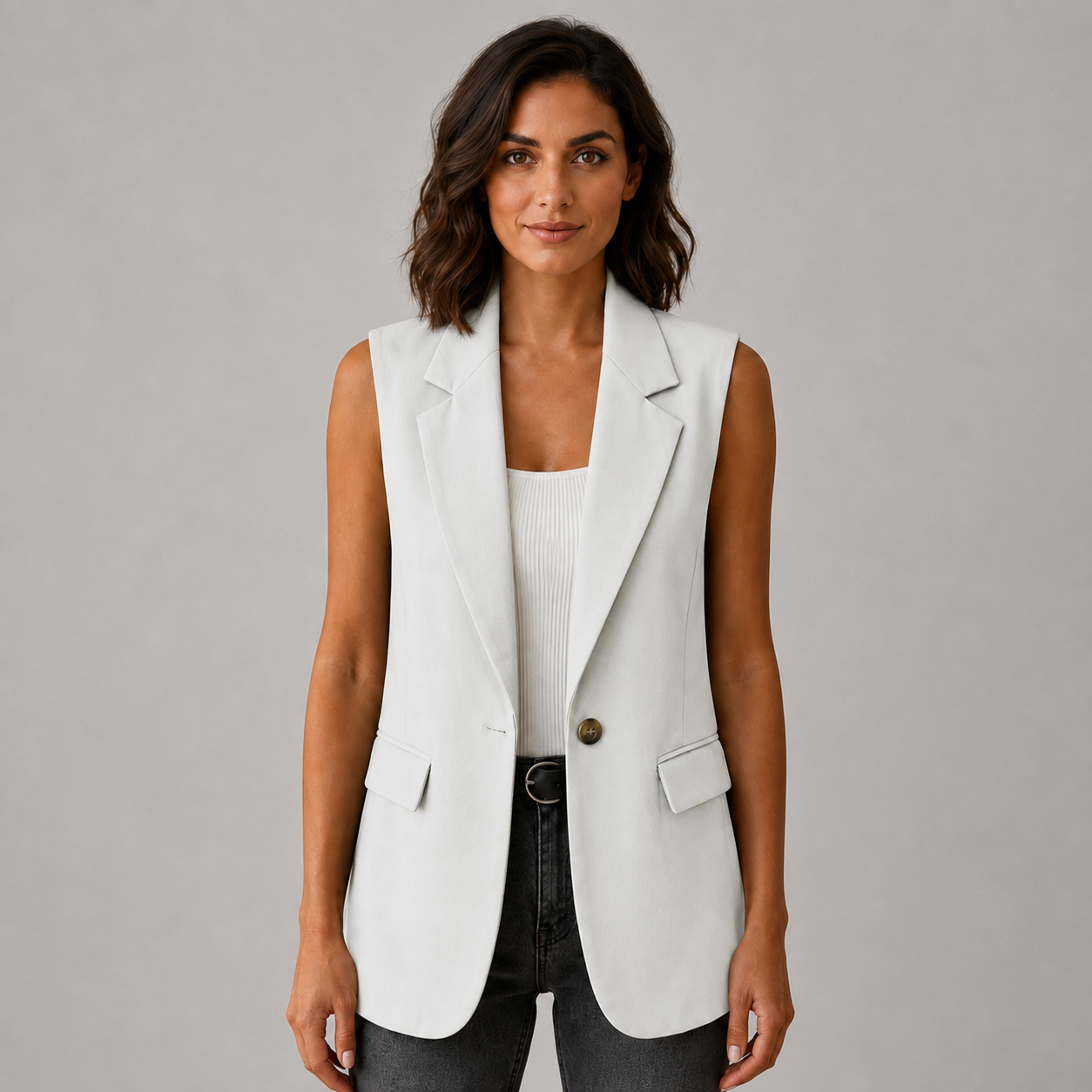 Women’s Sleeveless Notch Collar Blazer with Pockets