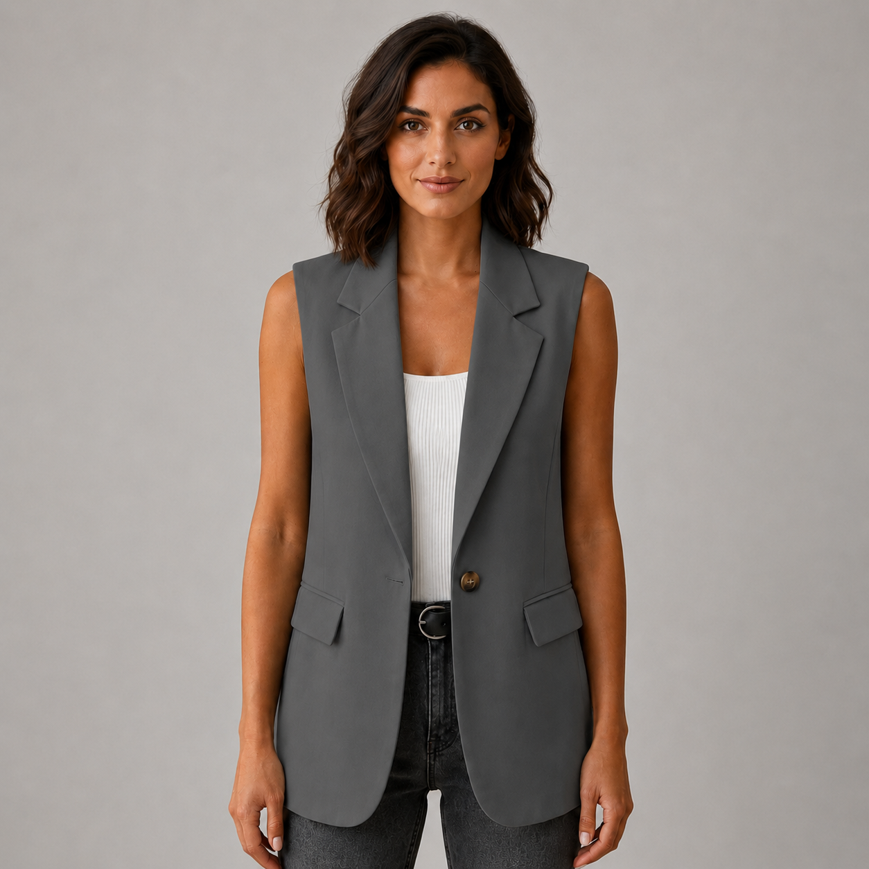 Women’s Sleeveless Notch Collar Blazer with Pockets