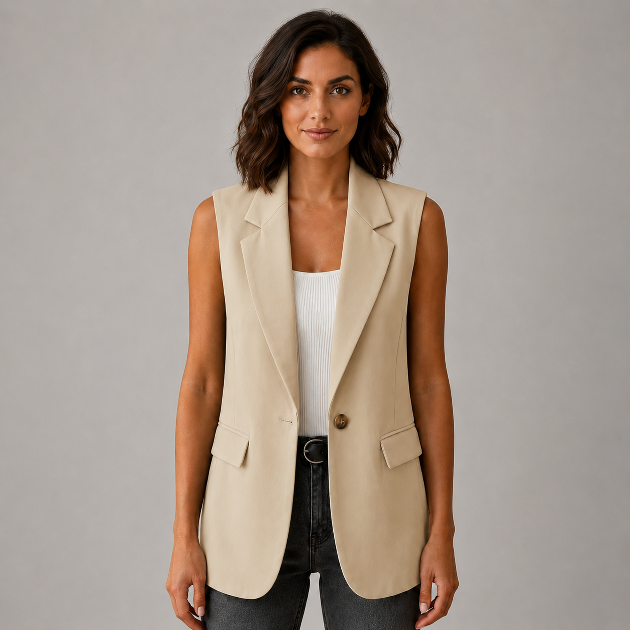 Women’s Sleeveless Notch Collar Blazer with Pockets