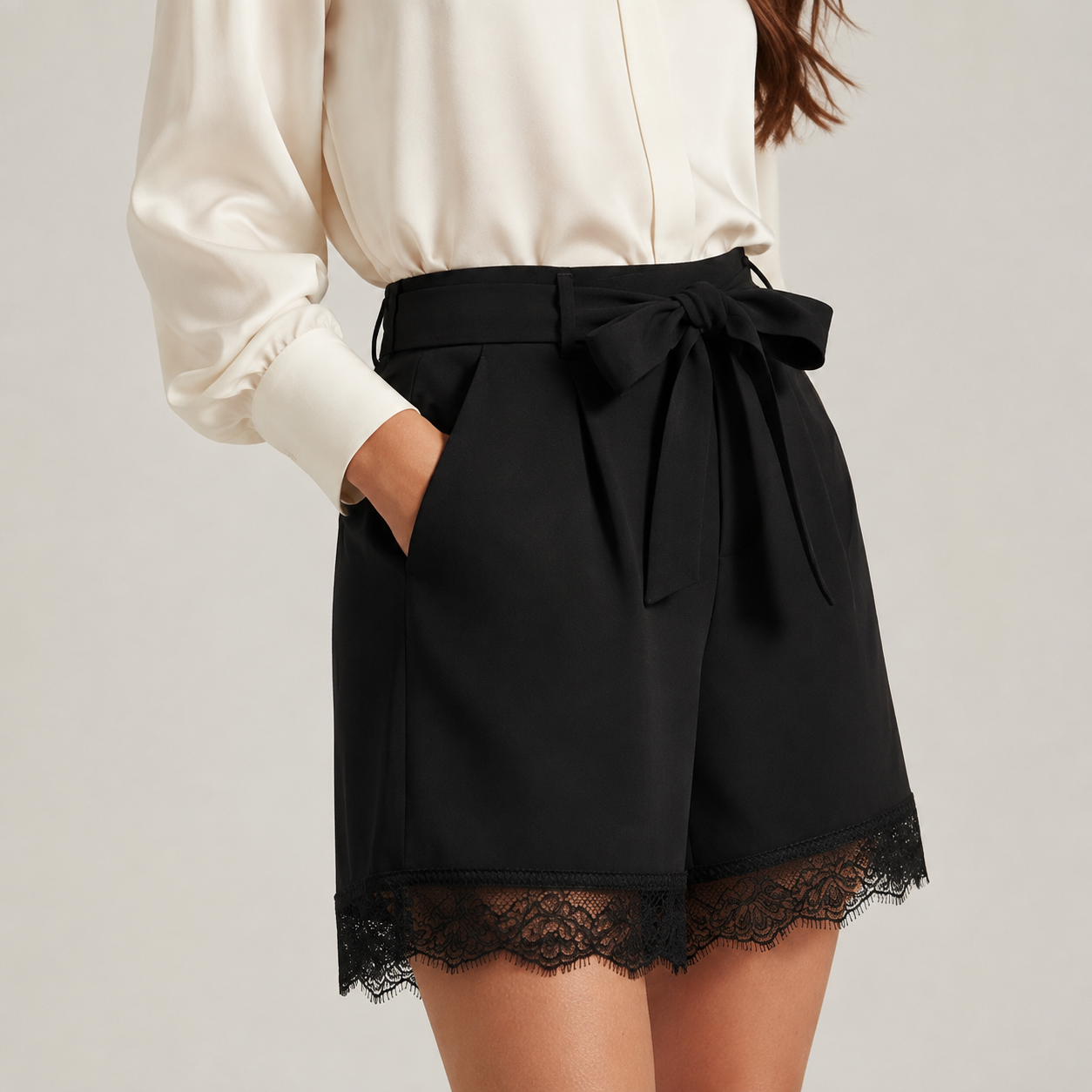 Women’s Tie Waist Shorts with Lace Hem