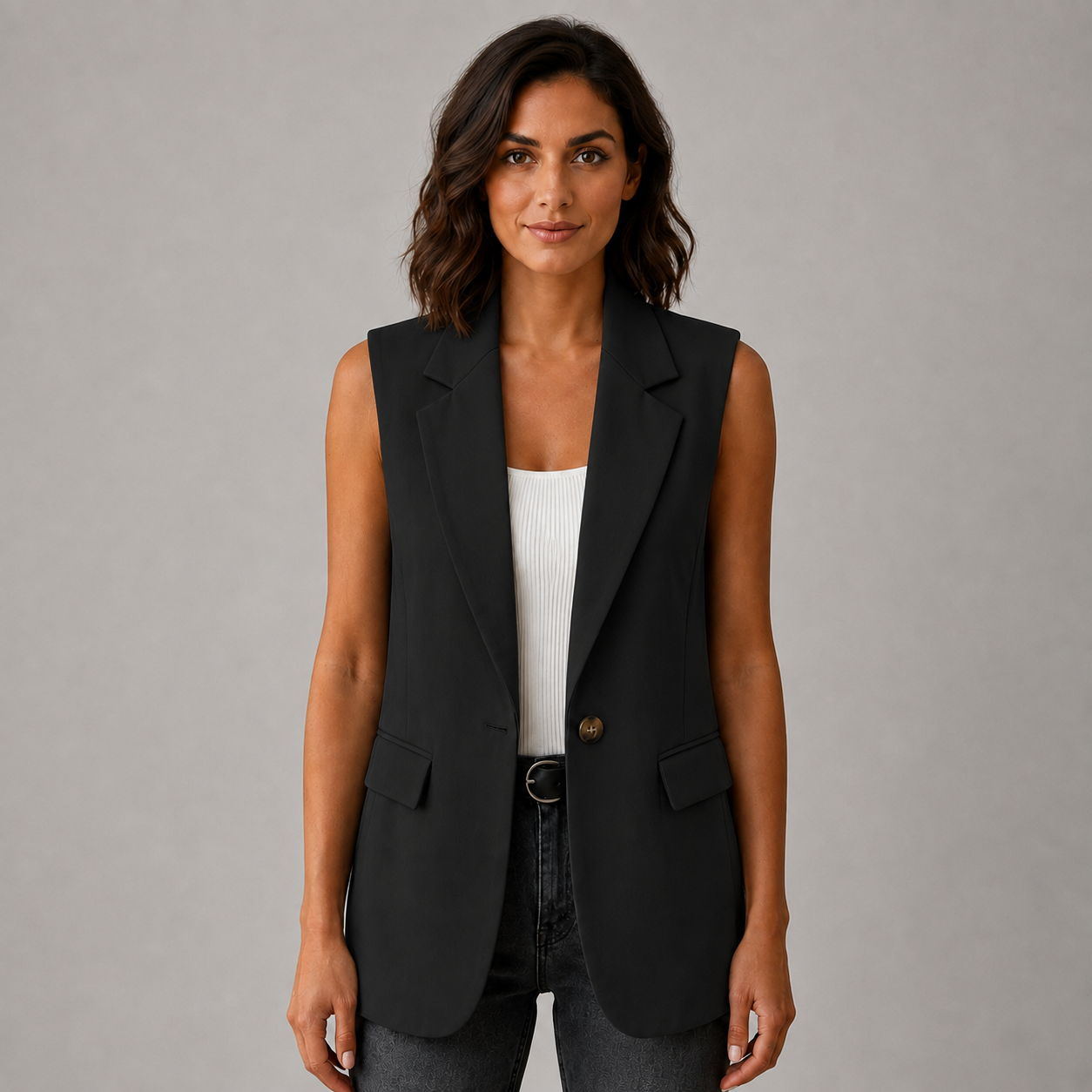 Women’s Sleeveless Notch Collar Blazer with Pockets