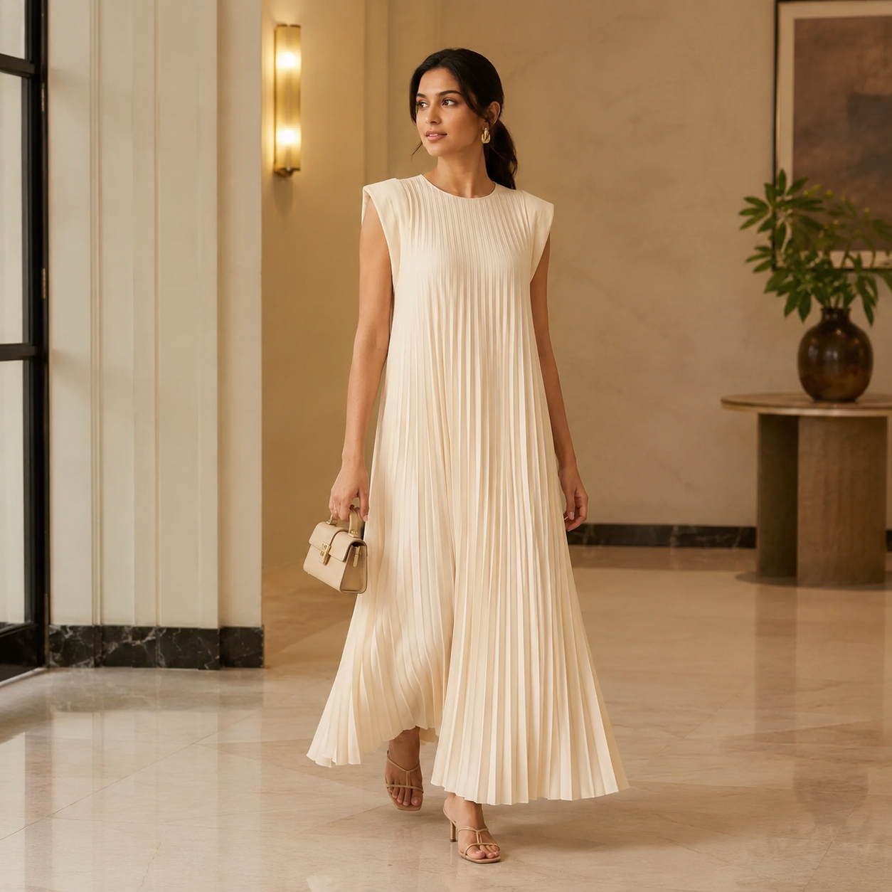 Women’s Pleated Short Sleeve Midi Dress