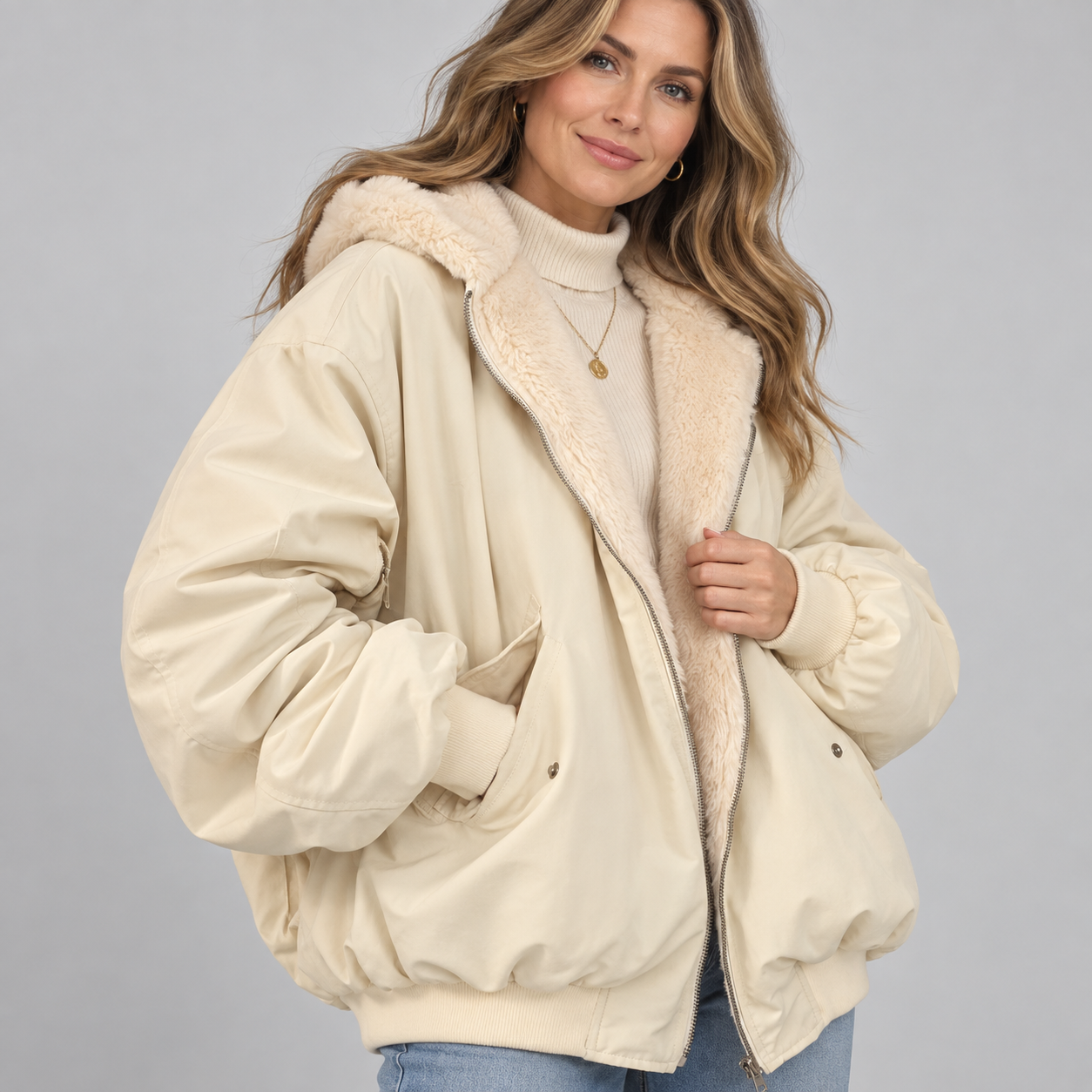 Women's Oversized Hooded Jacket with Faux Fur Lining
