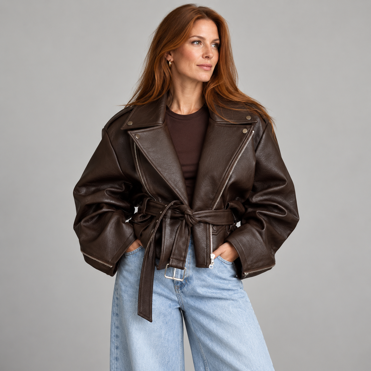 Women's Belted Oversized Faux Leather Biker Jacket