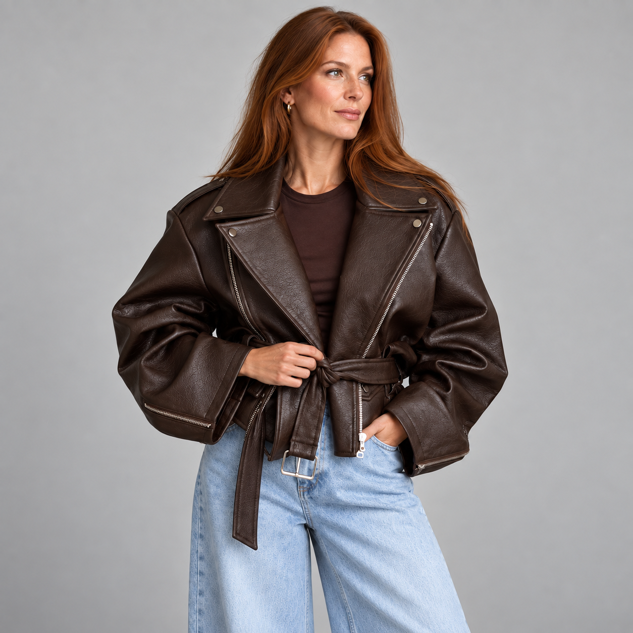 Women's Belted Oversized Faux Leather Biker Jacket