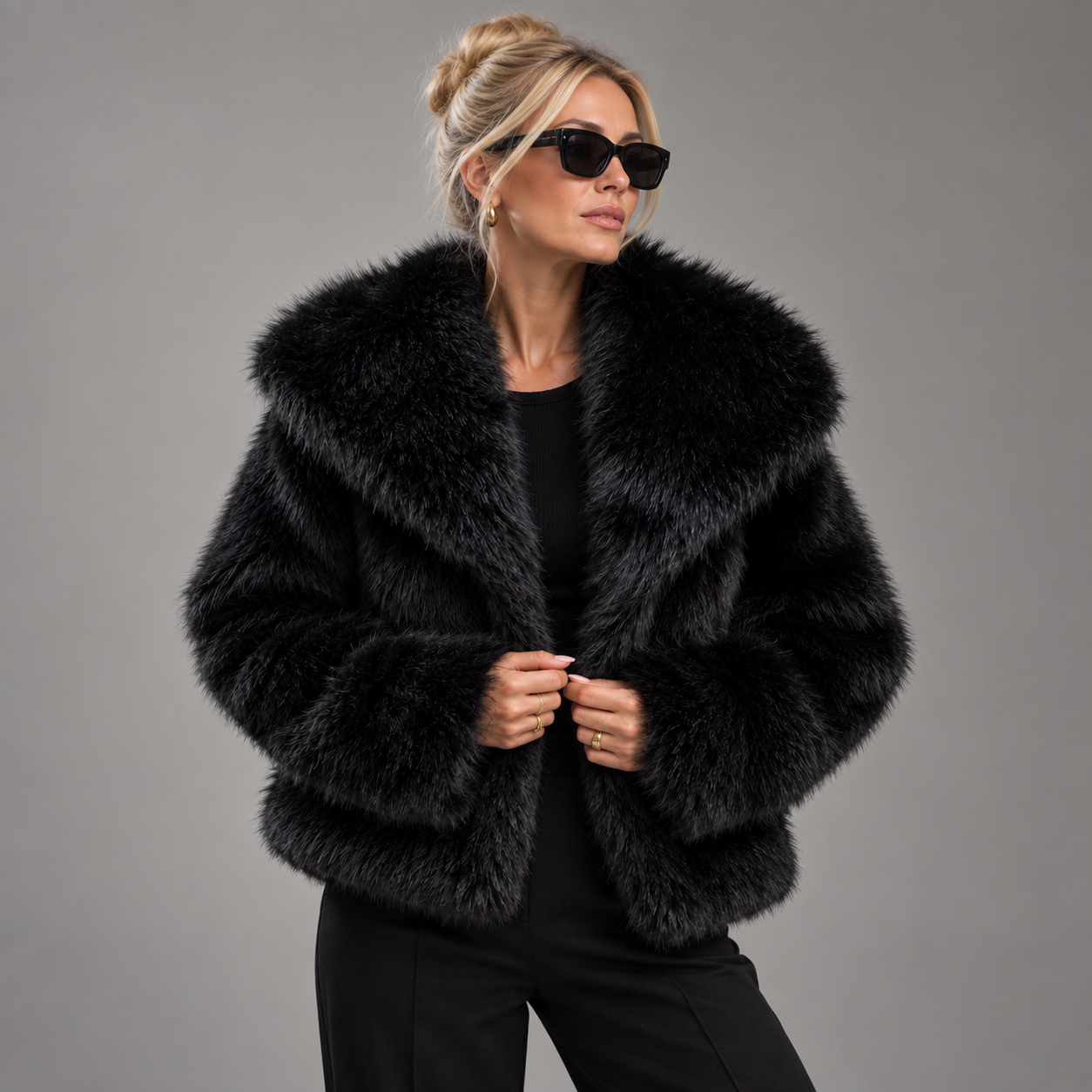 Women's Black Oversized Faux Fur Jacket
