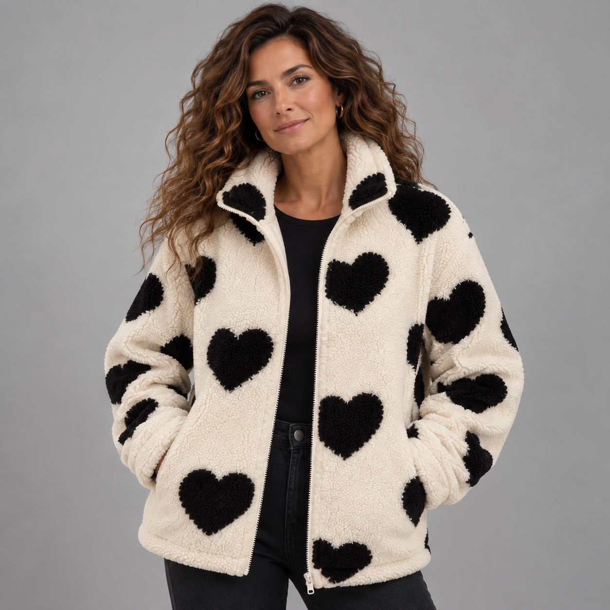 Women's Heart Print Teddy Fleece Jacket
