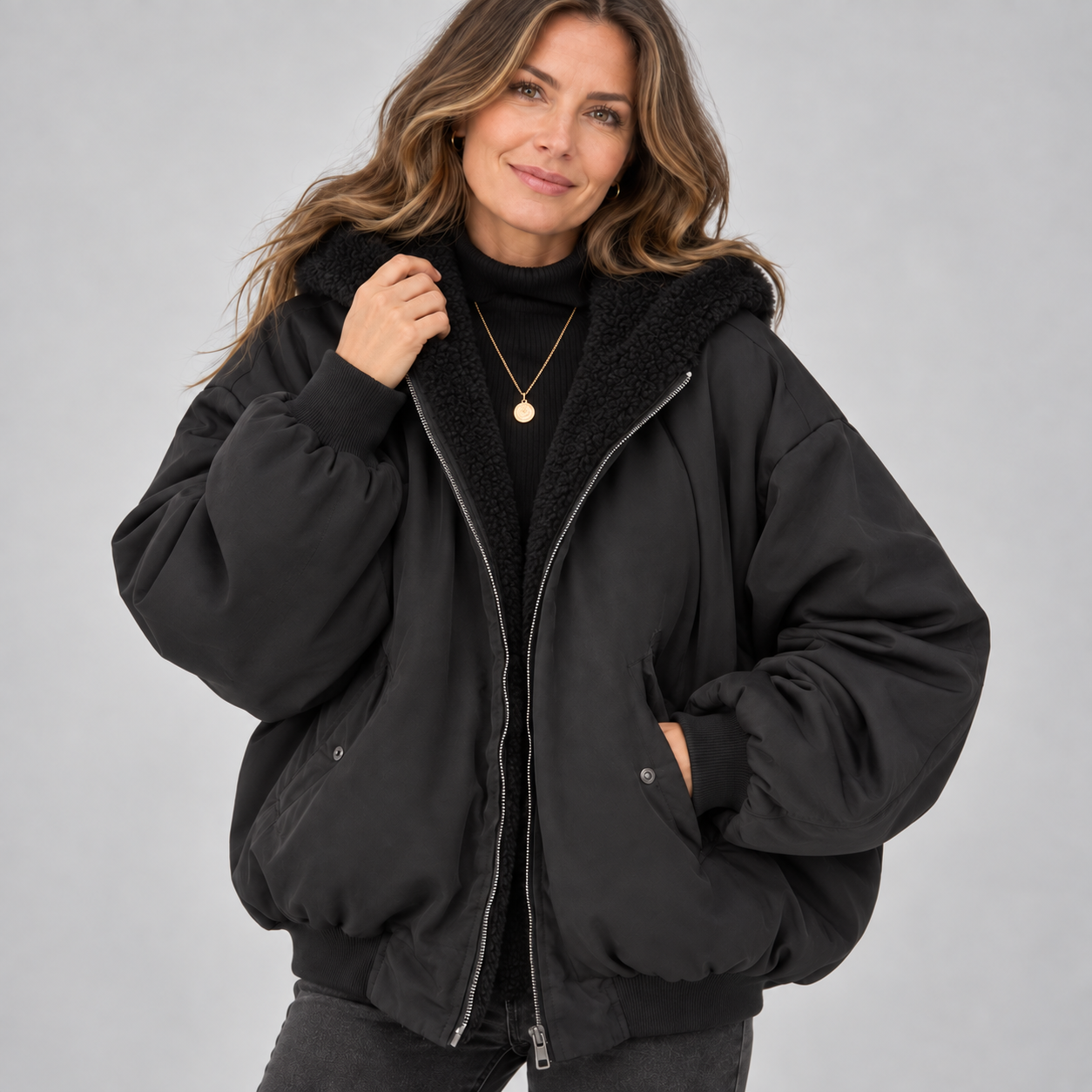 Women's Oversized Hooded Jacket with Faux Fur Lining
