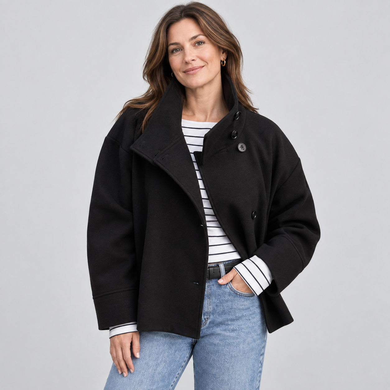 Women's Effortless Wool Pea Coat with Stand Collar Long Sleeve