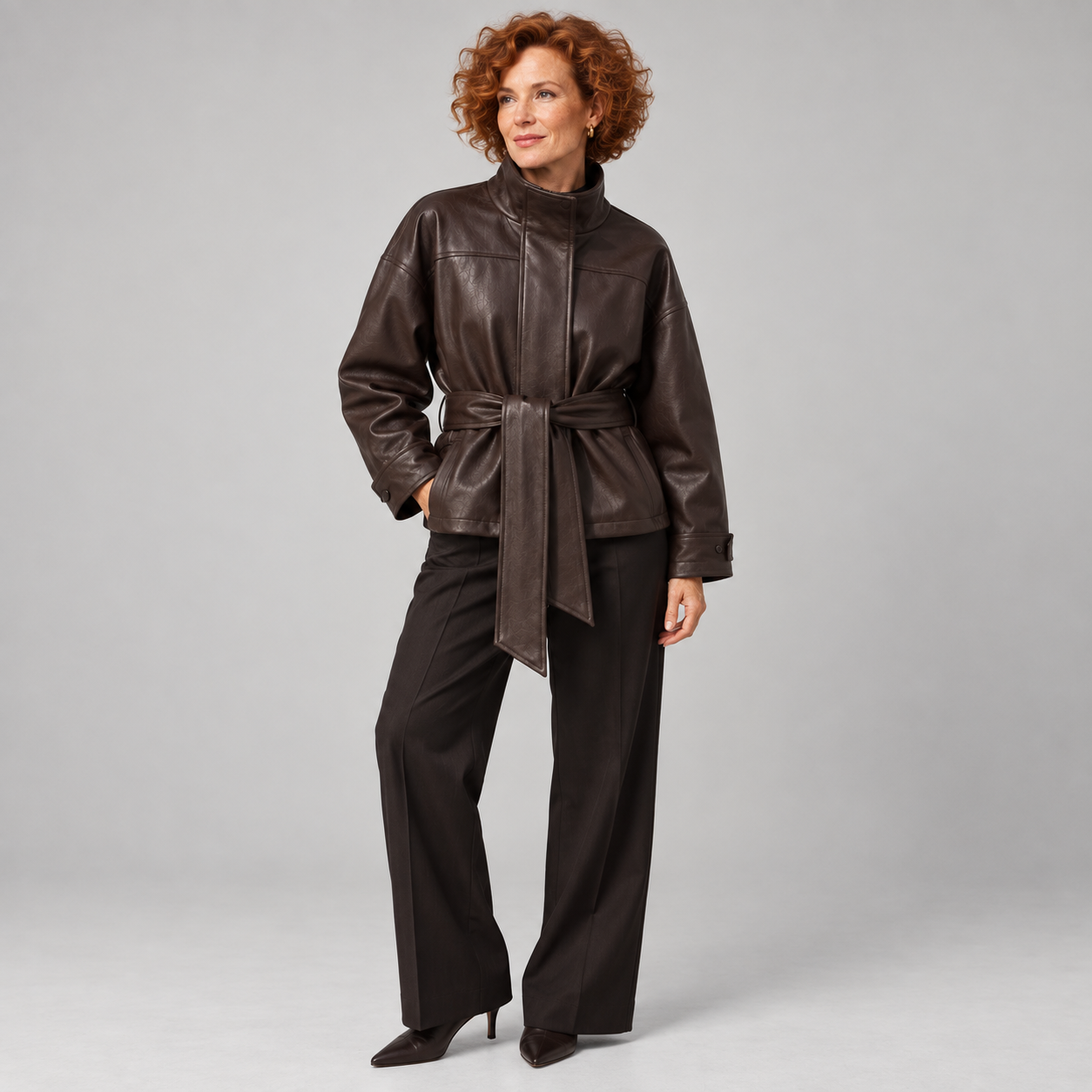 Women's Oversized Belted Faux Leather Jacket