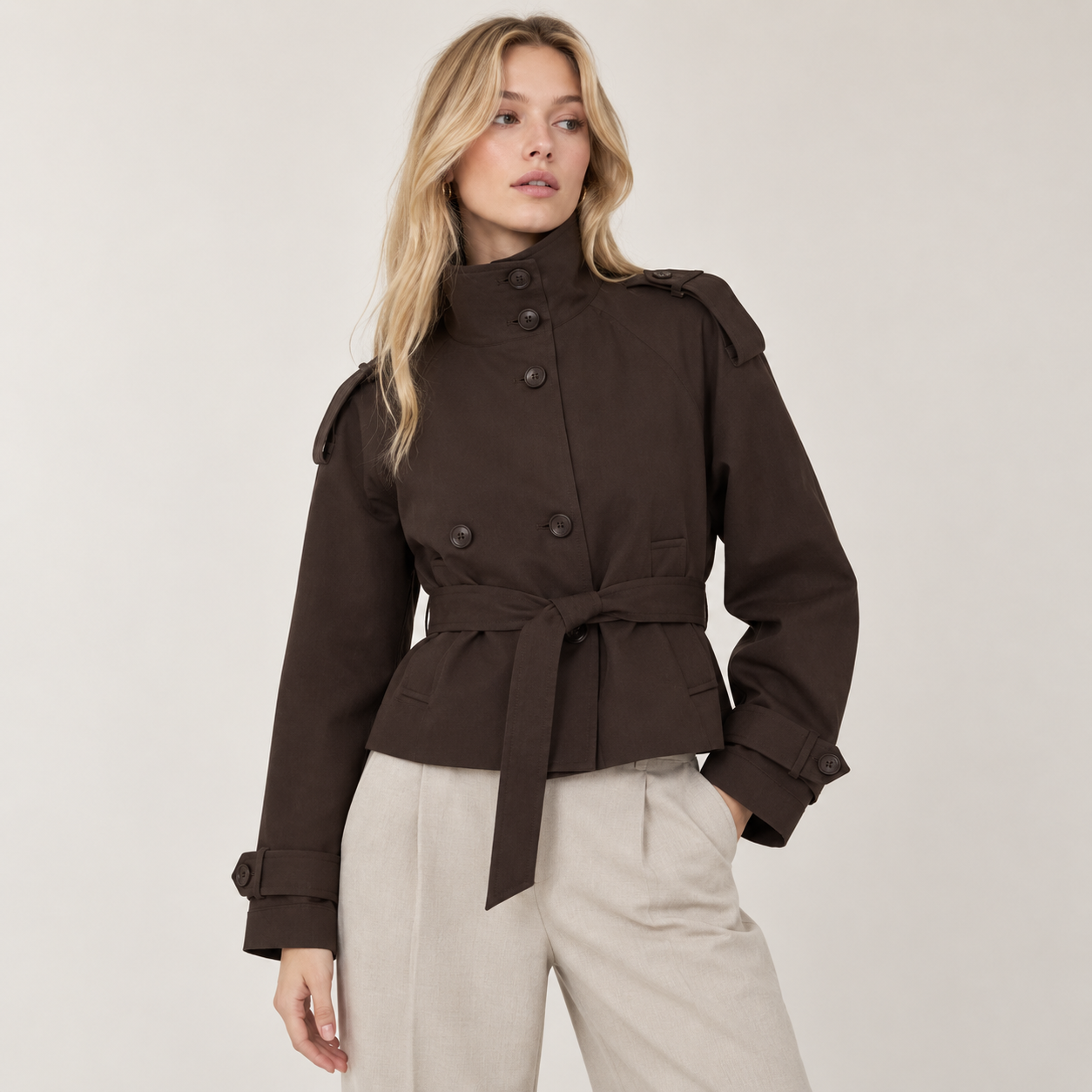 Women’s Brown Cropped Belted Trench Jacket