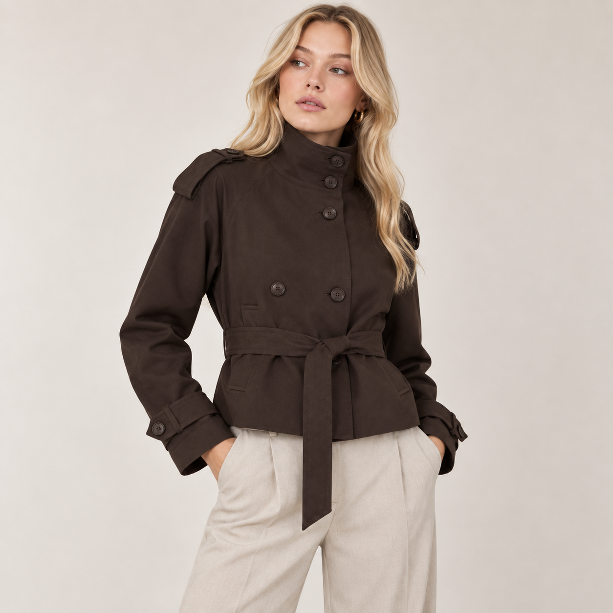 Women’s Brown Cropped Belted Trench Jacket