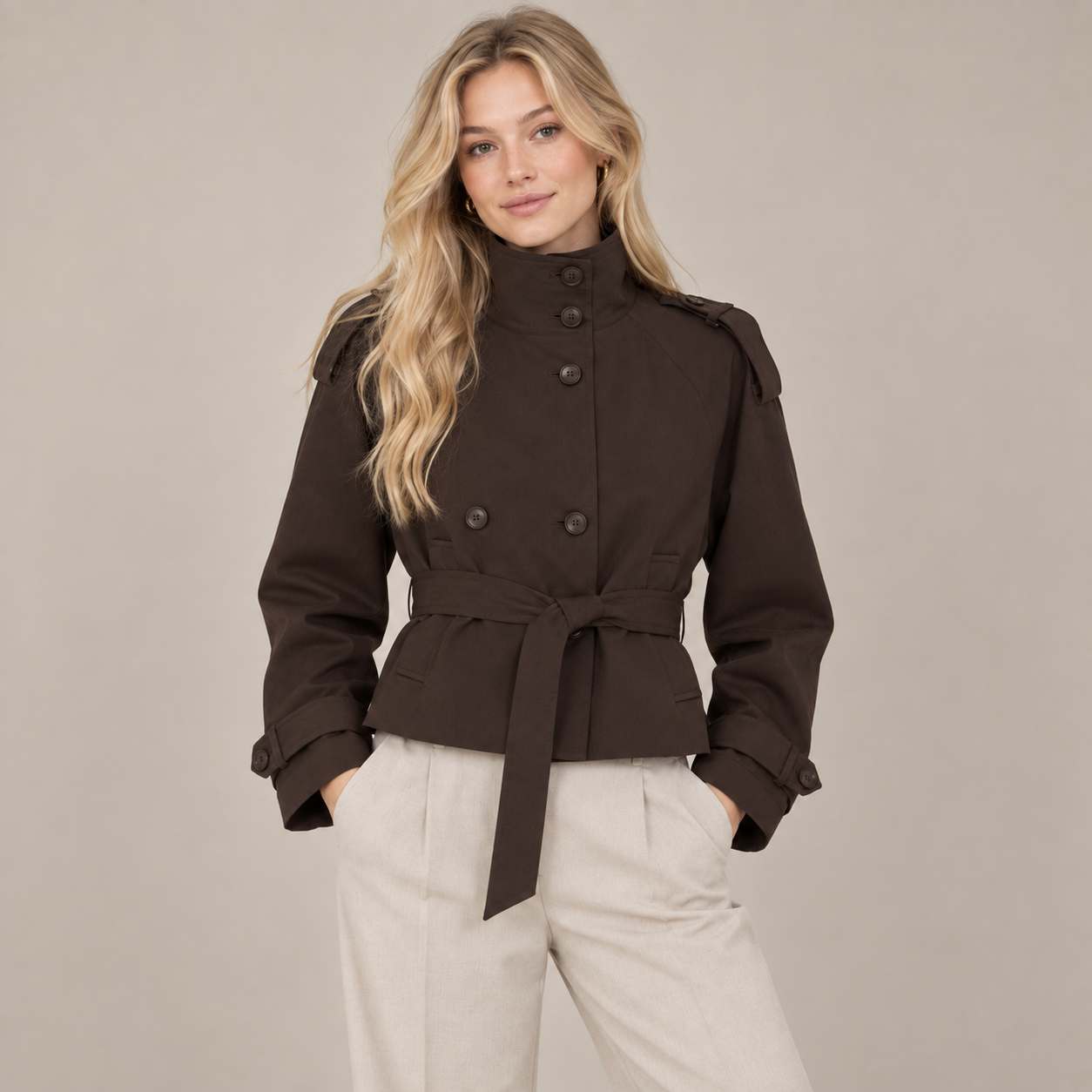 Women’s Brown Cropped Belted Trench Jacket