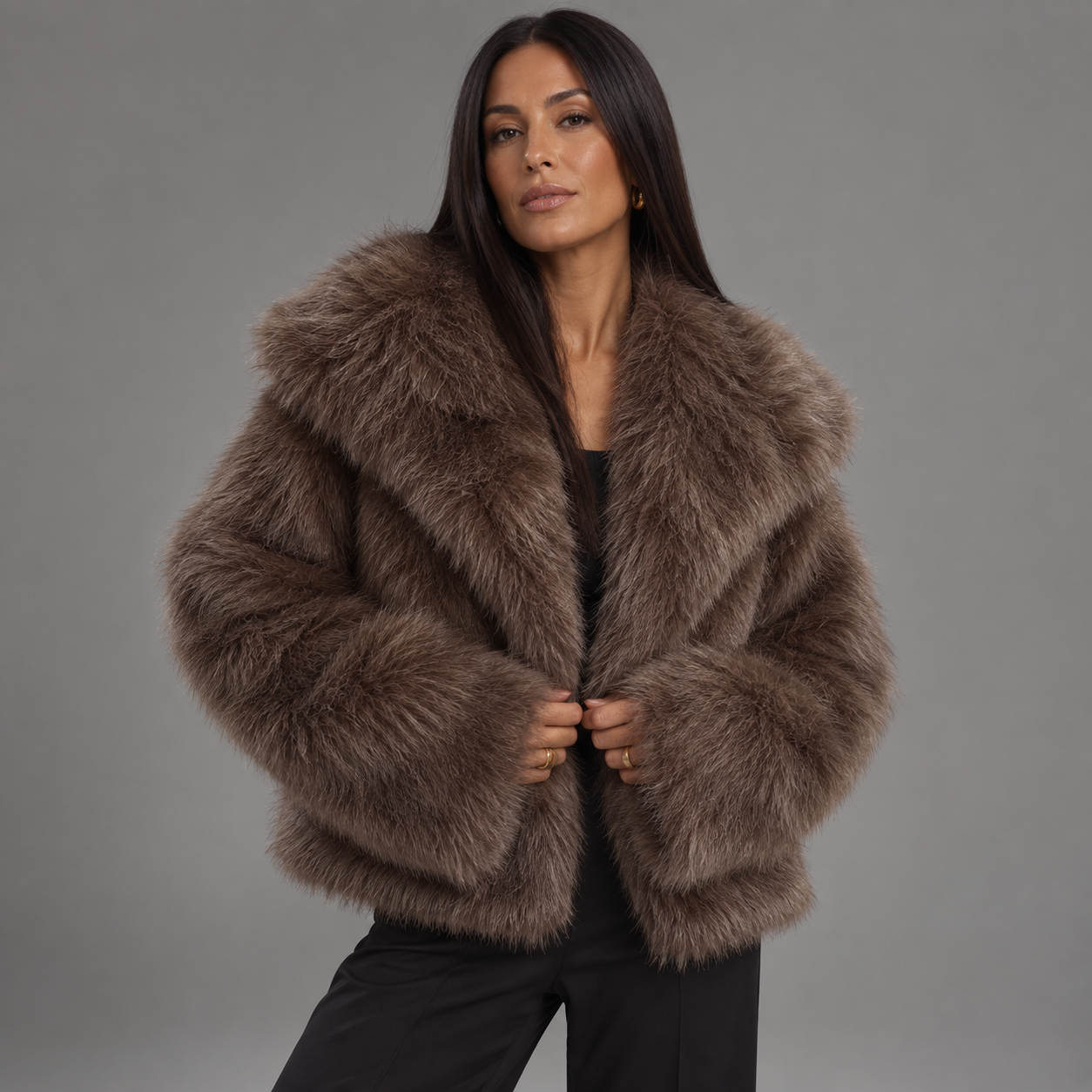 Women's Brown Oversized Faux Fur Coat