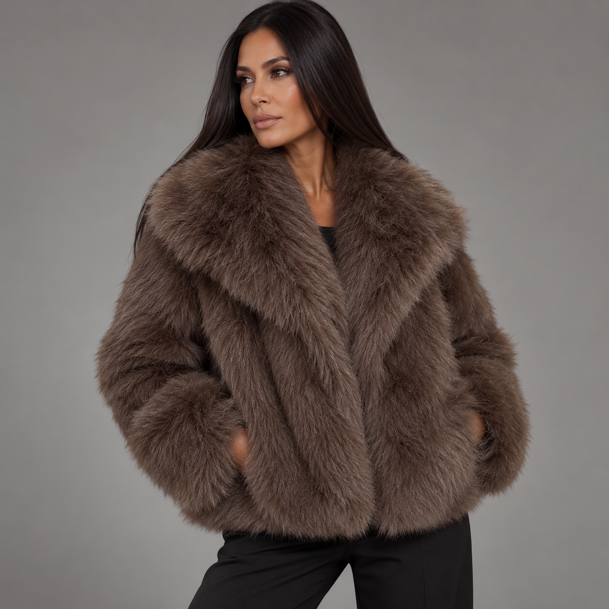 Women's Brown Oversized Faux Fur Coat