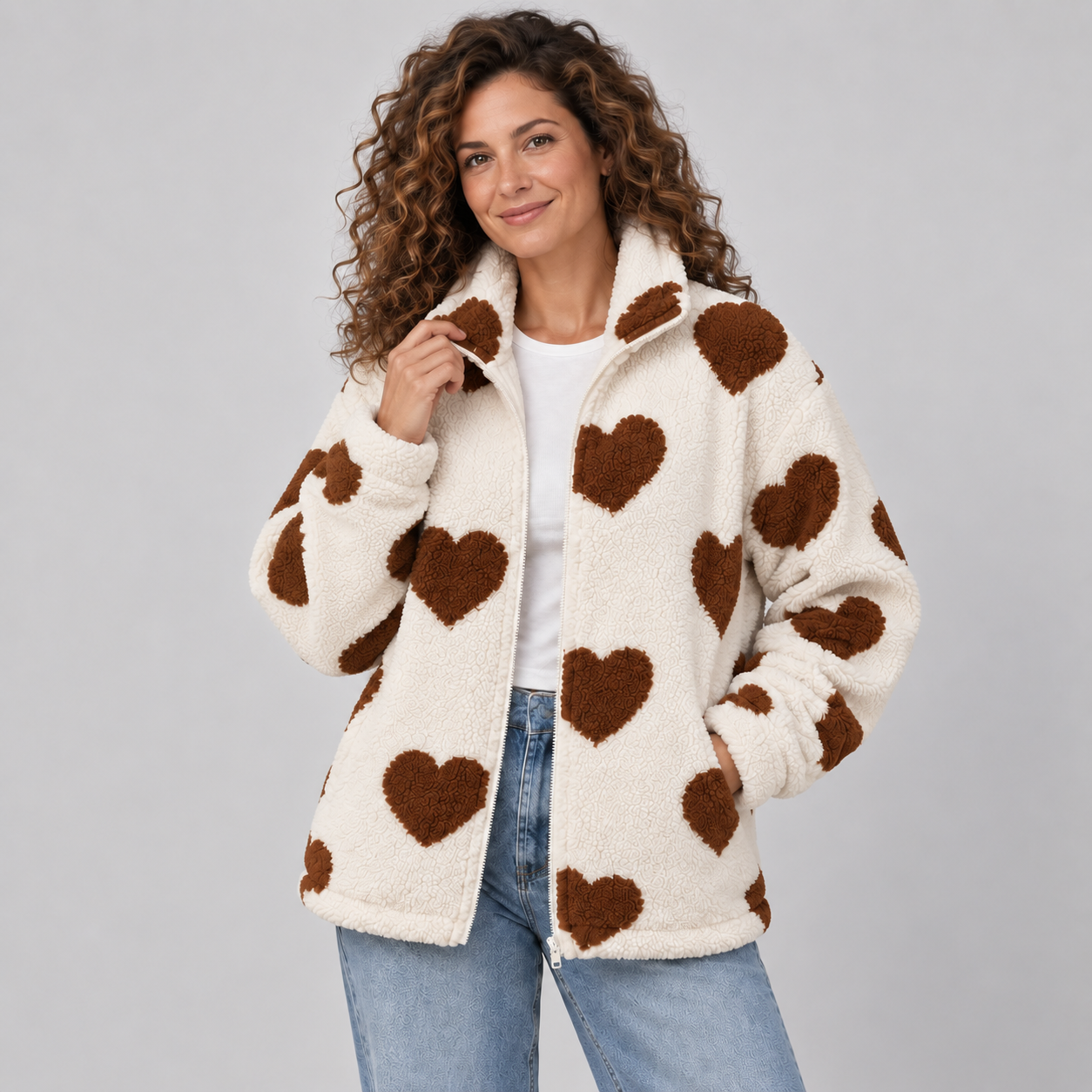 Women's Heart Print Teddy Fleece Jacket