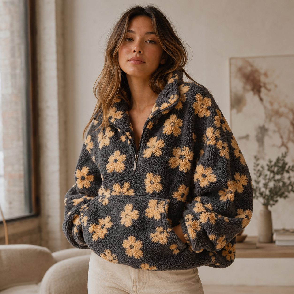 Women's Floral Teddy Fleece Half Zip Jacket