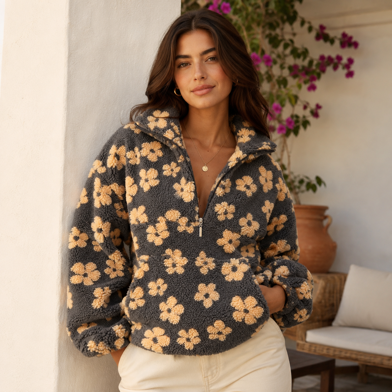 Women's Floral Teddy Fleece Half Zip Jacket
