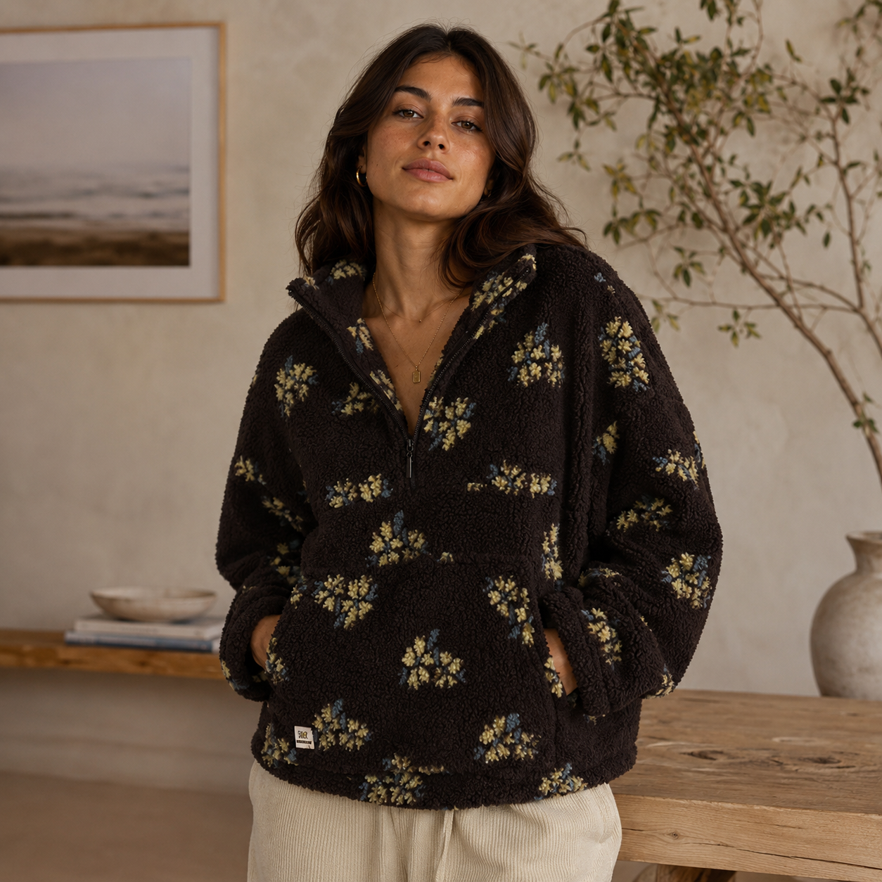 Women's Floral Teddy Fleece Half Zip Jacket