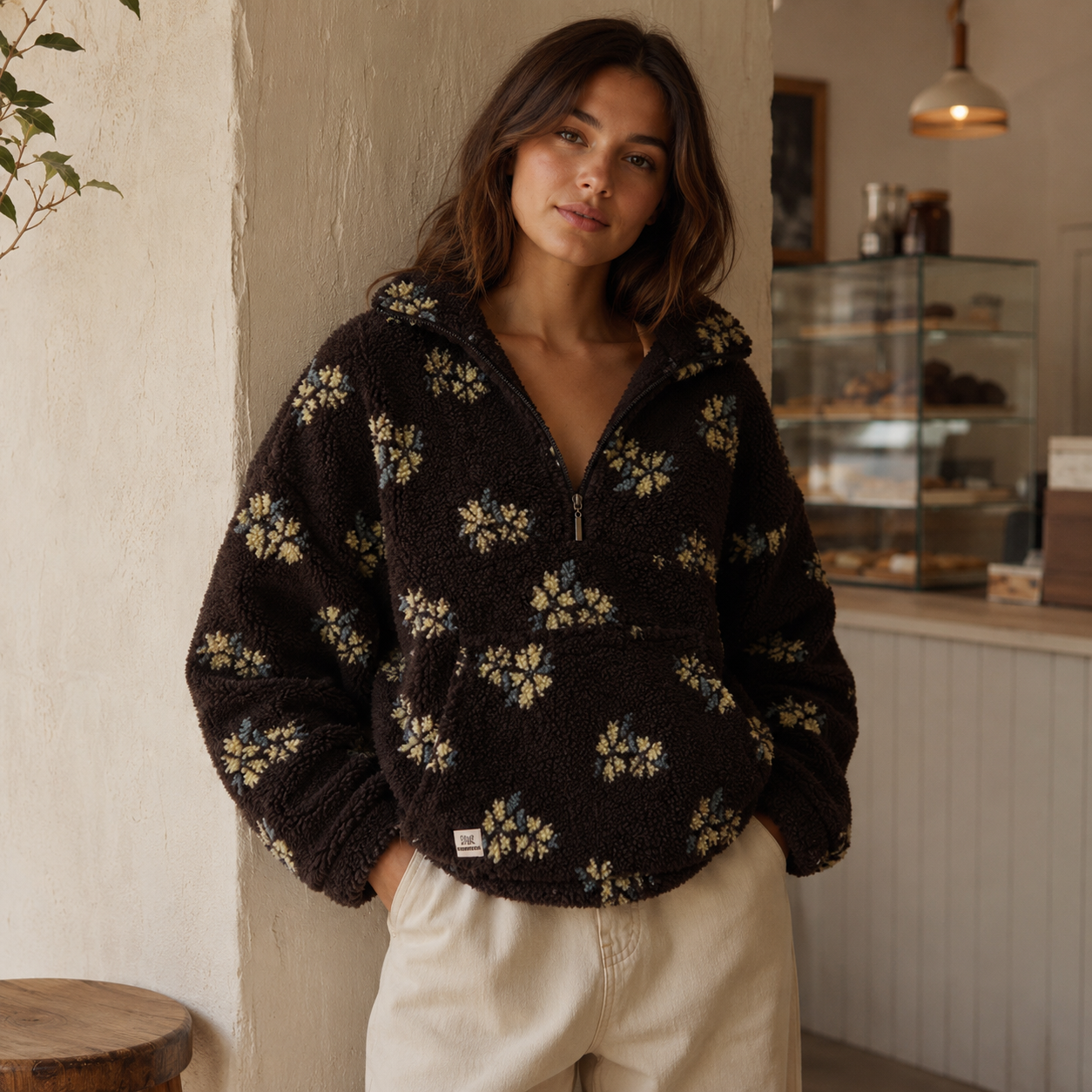 Women's Floral Teddy Fleece Half Zip Jacket